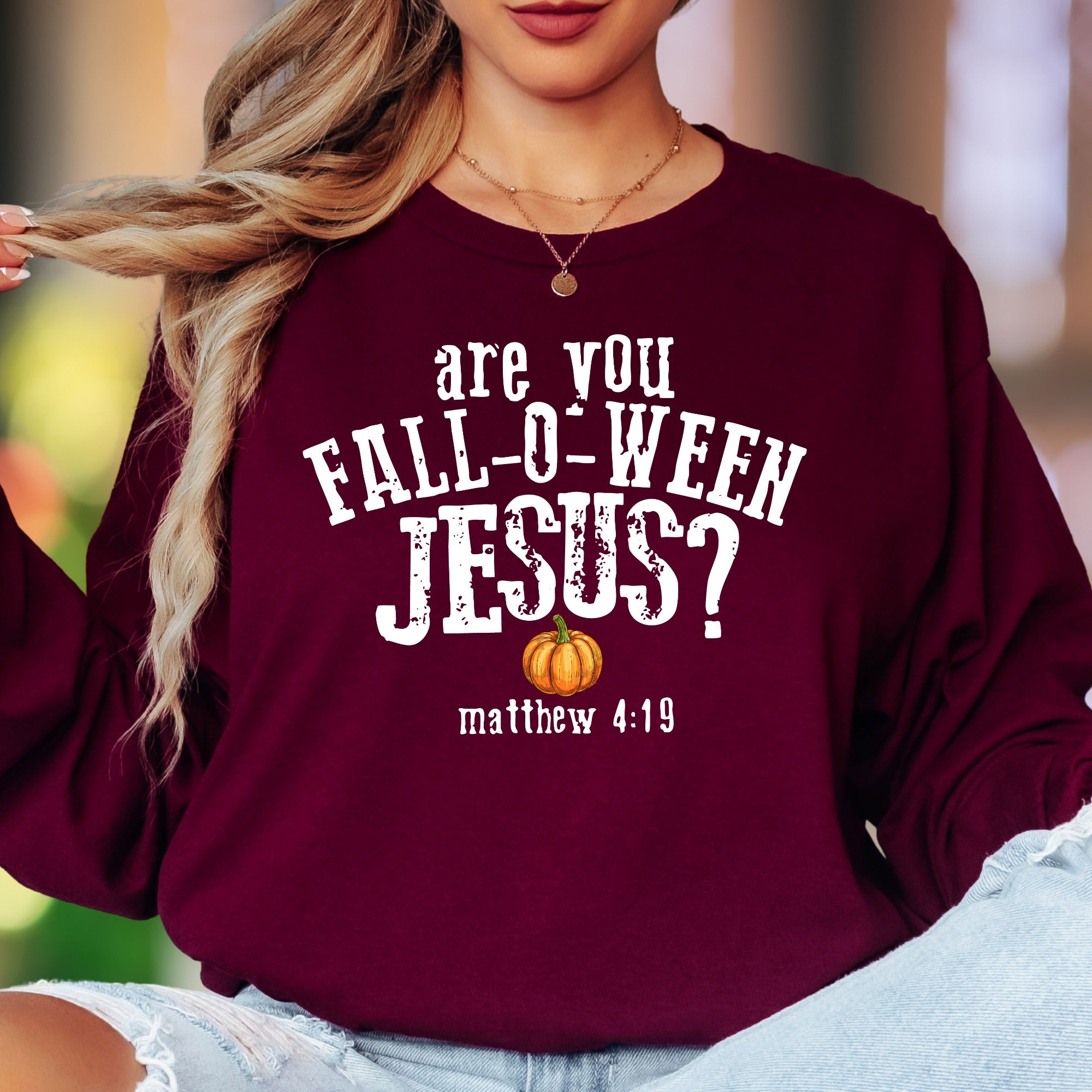 "Are You Fall-O-Ween Jesus?" | Playful Typography Unisex Adult Long Sleeve T-Shirt | Faith-Inspired Fun