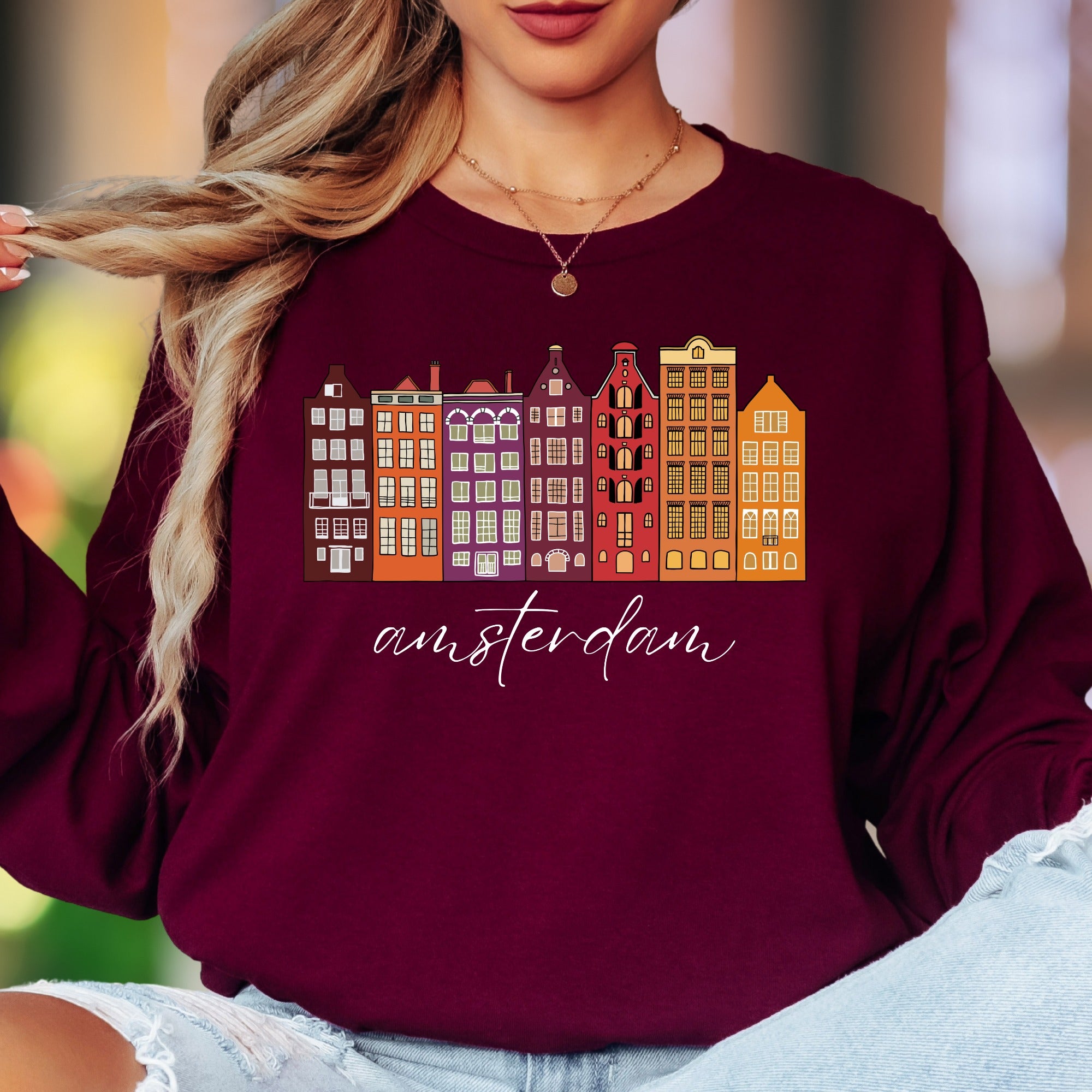 "amsterdam" | Cityscape Retro Unisex Adult Long Sleeve T-Shirt | Travel & Culture Lifestyle