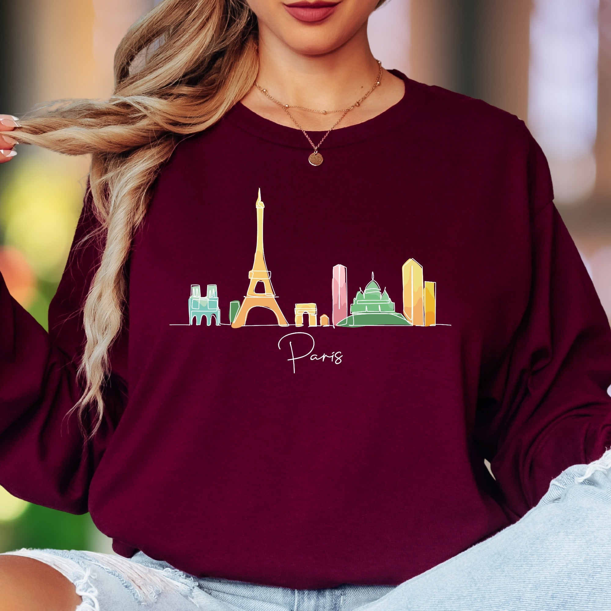 "Paris" | Minimal Skyline Unisex Adult Long Sleeve T-Shirt | Travel & Lifestyle Apparel