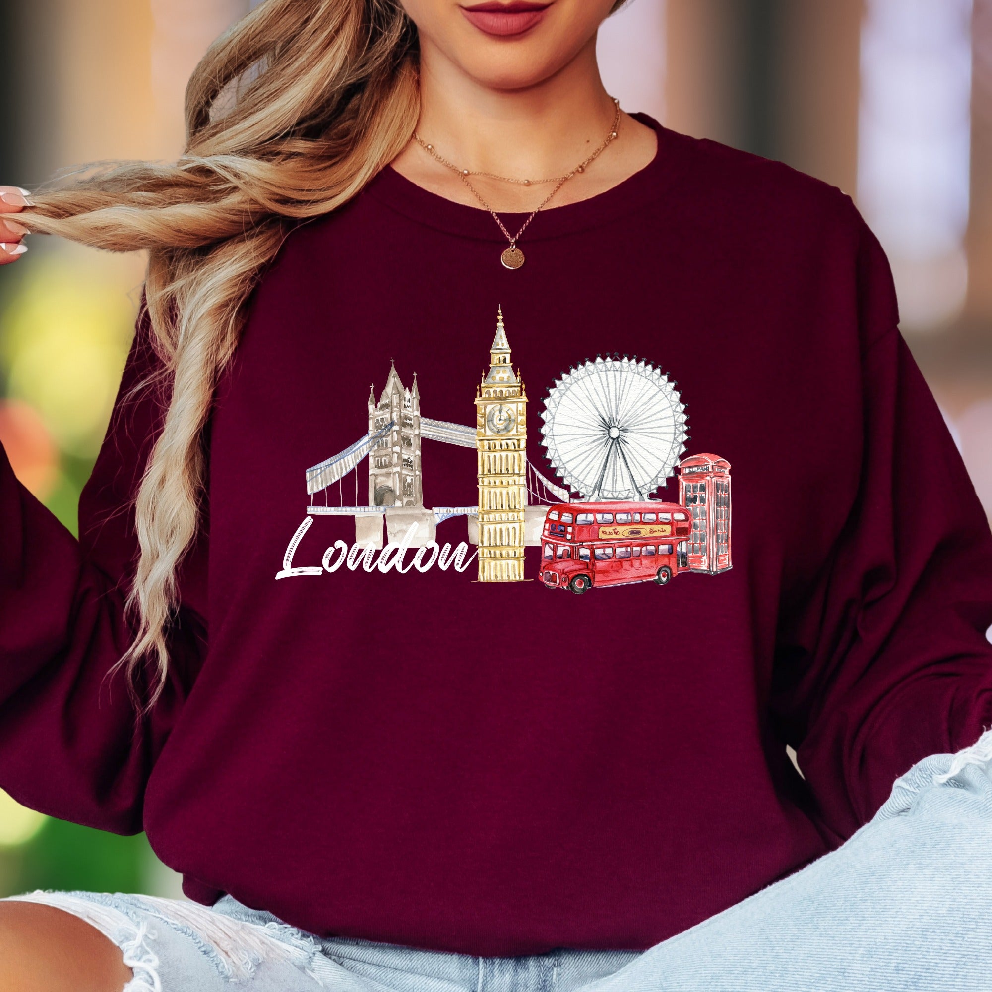"London" | Watercolor Cityscape Unisex Adult Long Sleeve T-Shirt | Travel & Culture Lifestyle