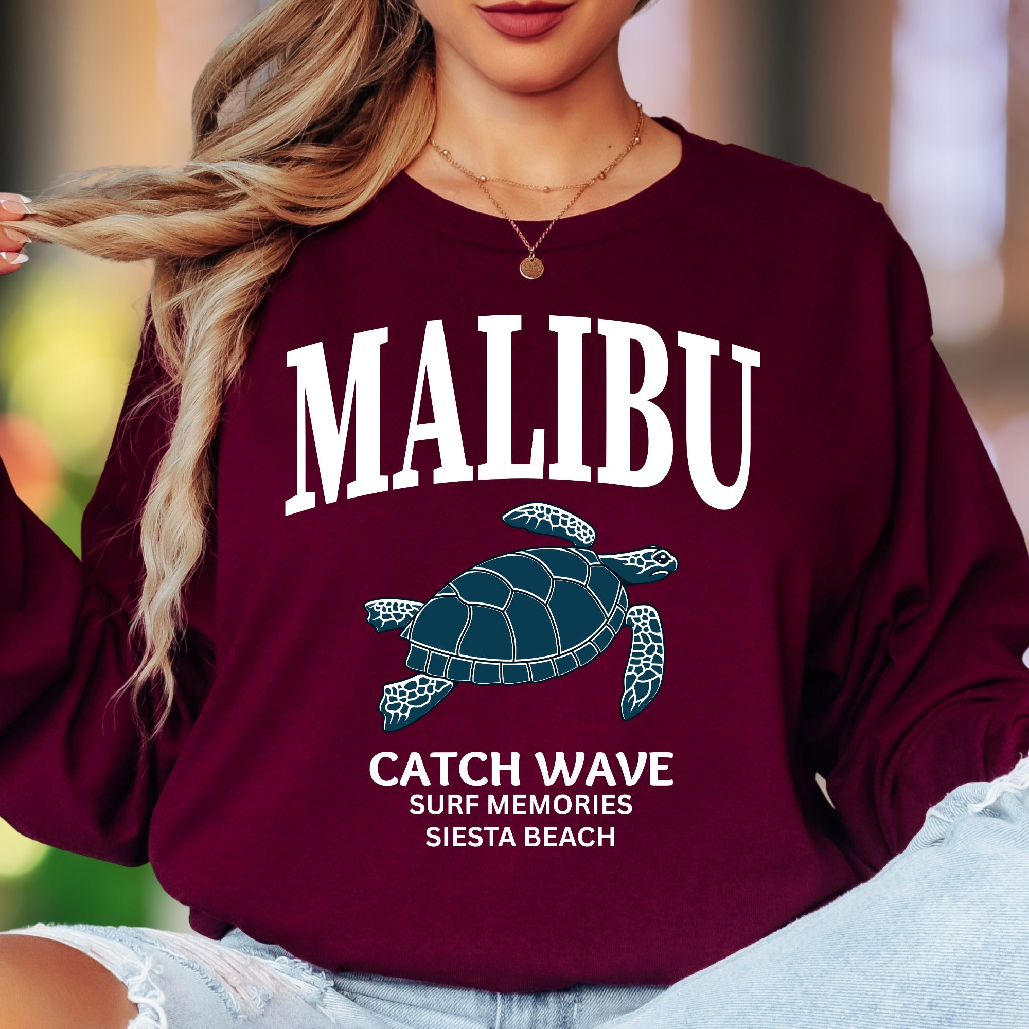 "MALIBU Catch Wave Surf Memories Siesta Beach" | Coastal Retro Unisex Adult Long Sleeve T-Shirt | Beach Lifestyle