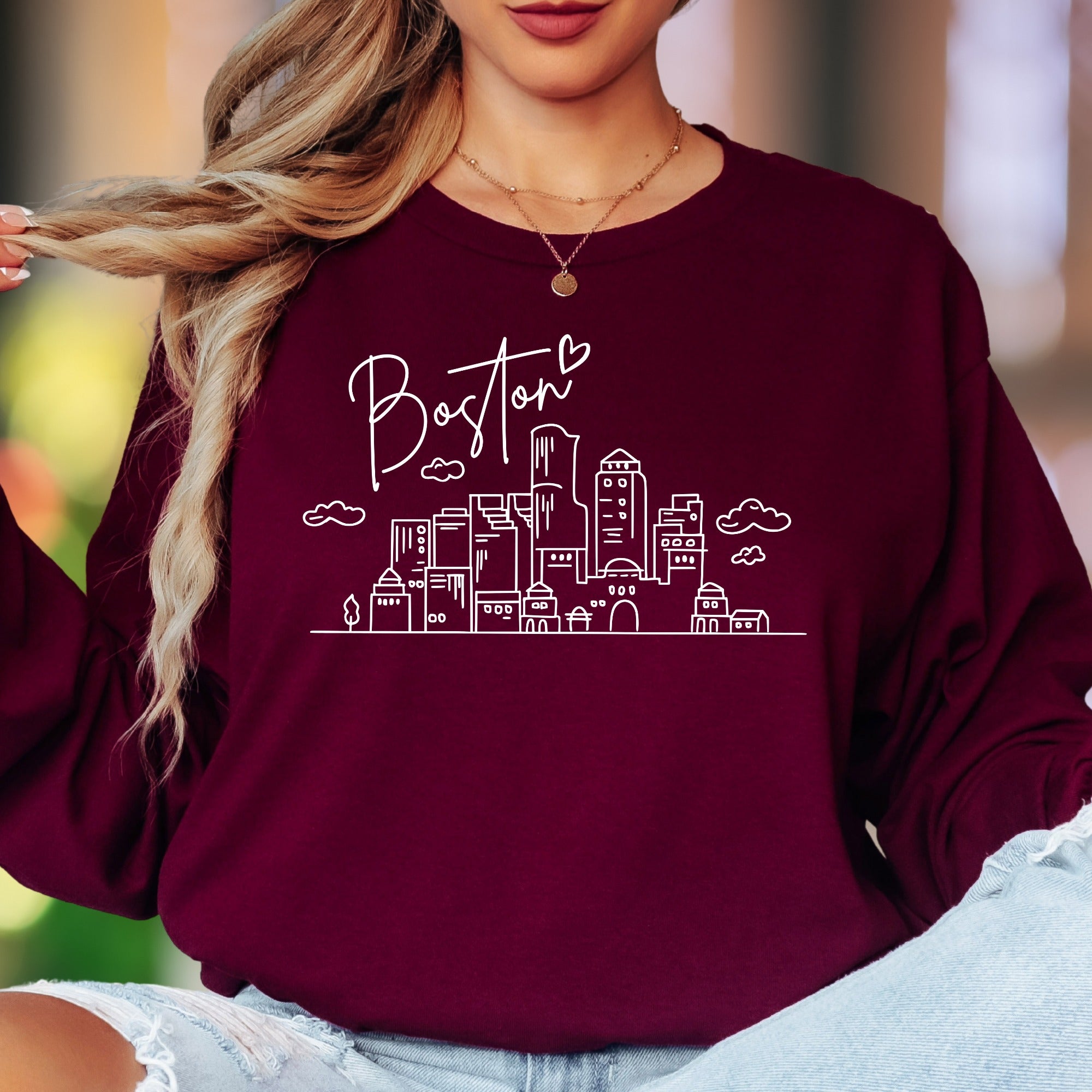 "Boston" | Minimal Cityscape Unisex Adult Long Sleeve T-Shirt | Travel & Lifestyle