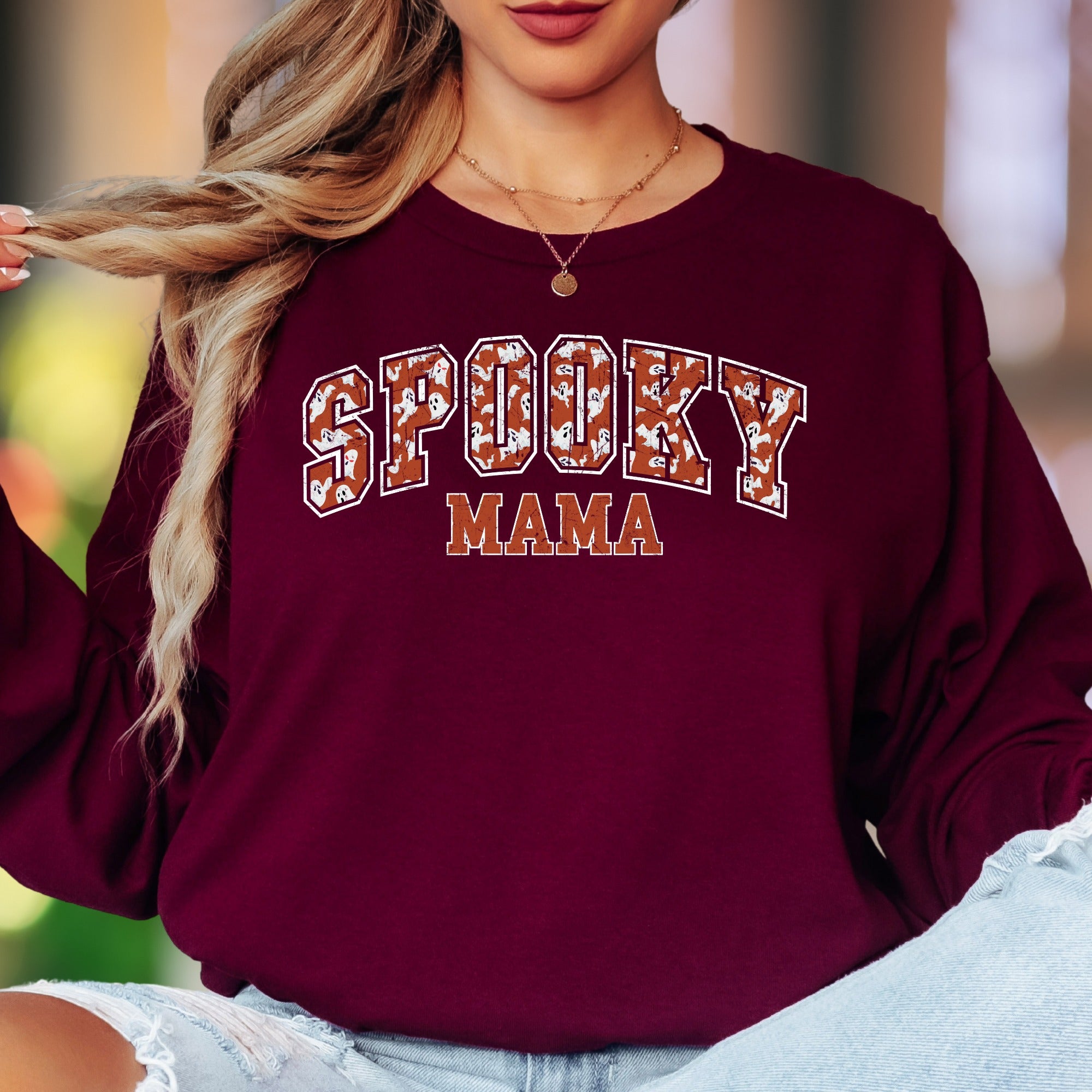 "Spooky Mama" | Distressed Retro Unisex Adult Long Sleeve T-Shirt | Halloween Lifestyle