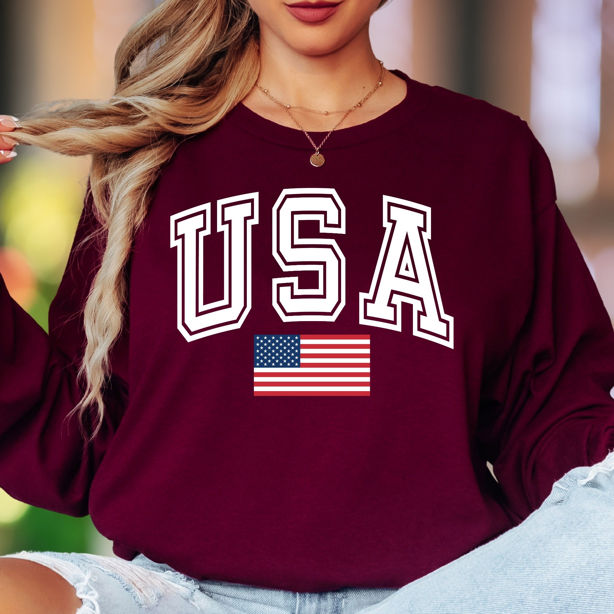 "USA" | Patriotic Bold Typography Unisex Adult Long Sleeve T-Shirt | American Pride Apparel
