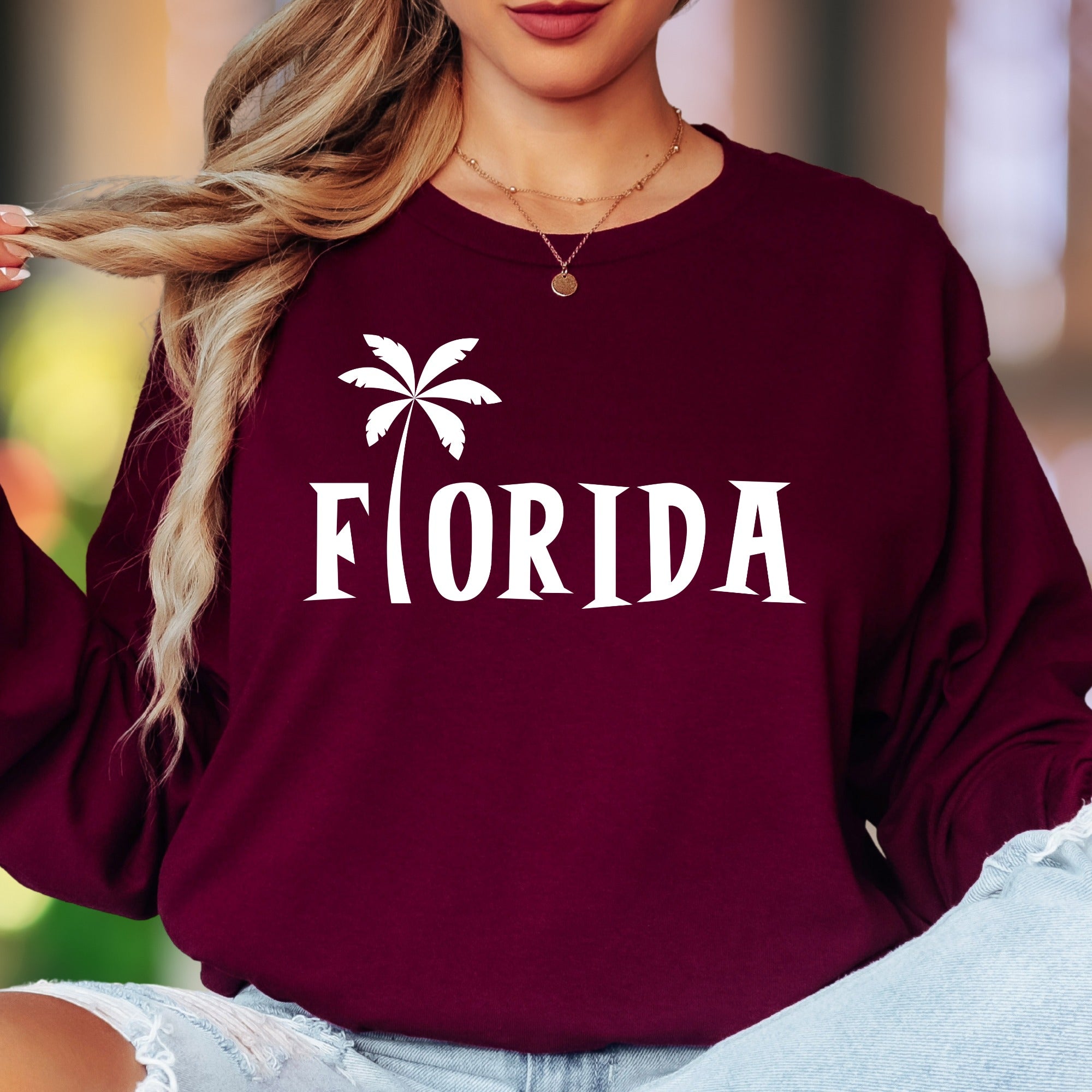 "Florida" | Palm Tree Typography Unisex Adult Long Sleeve T-Shirt | Travel & Lifestyle