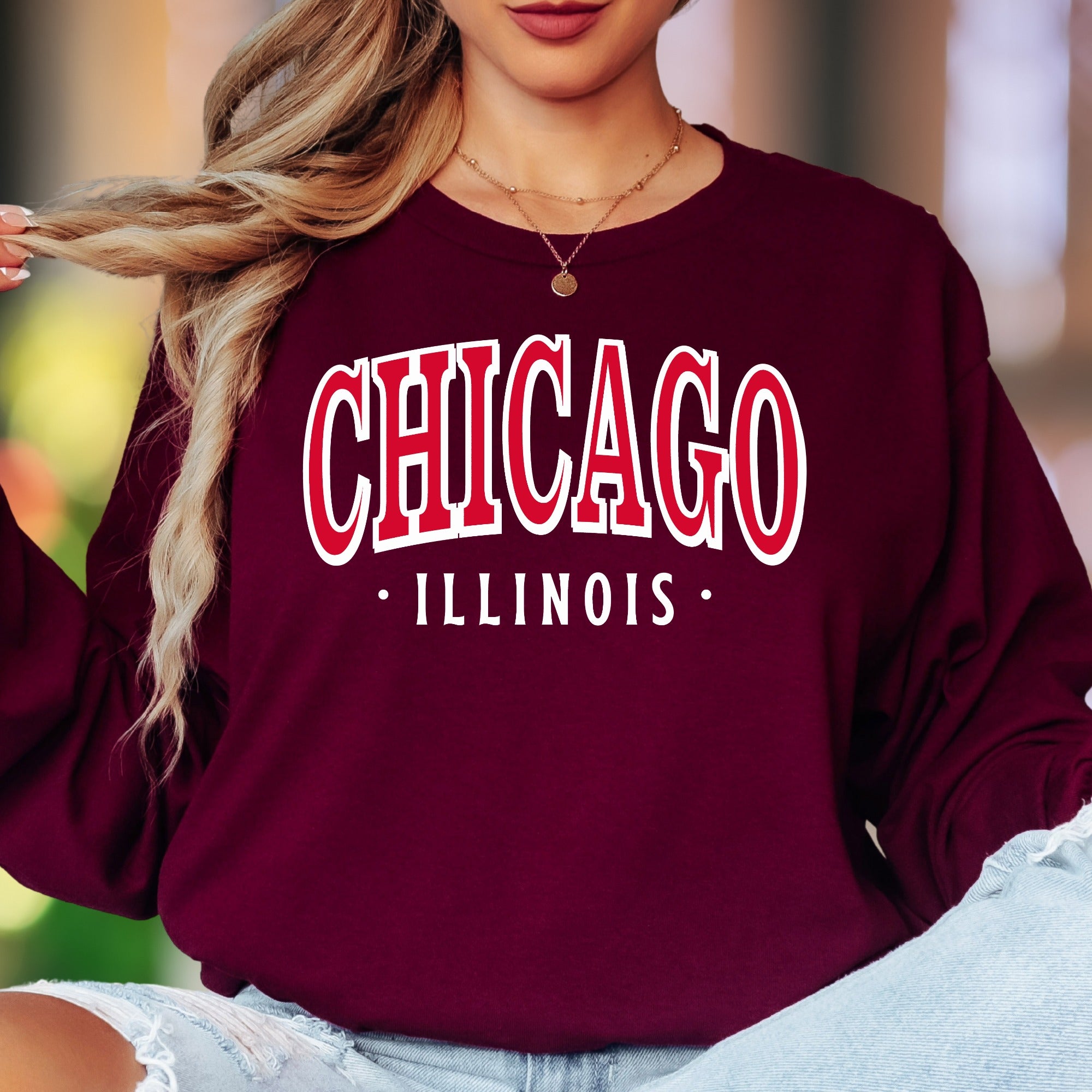 "CHICAGO • ILLINOIS" | Retro Typography Unisex Adult Long Sleeve T-Shirt | City Pride Apparel