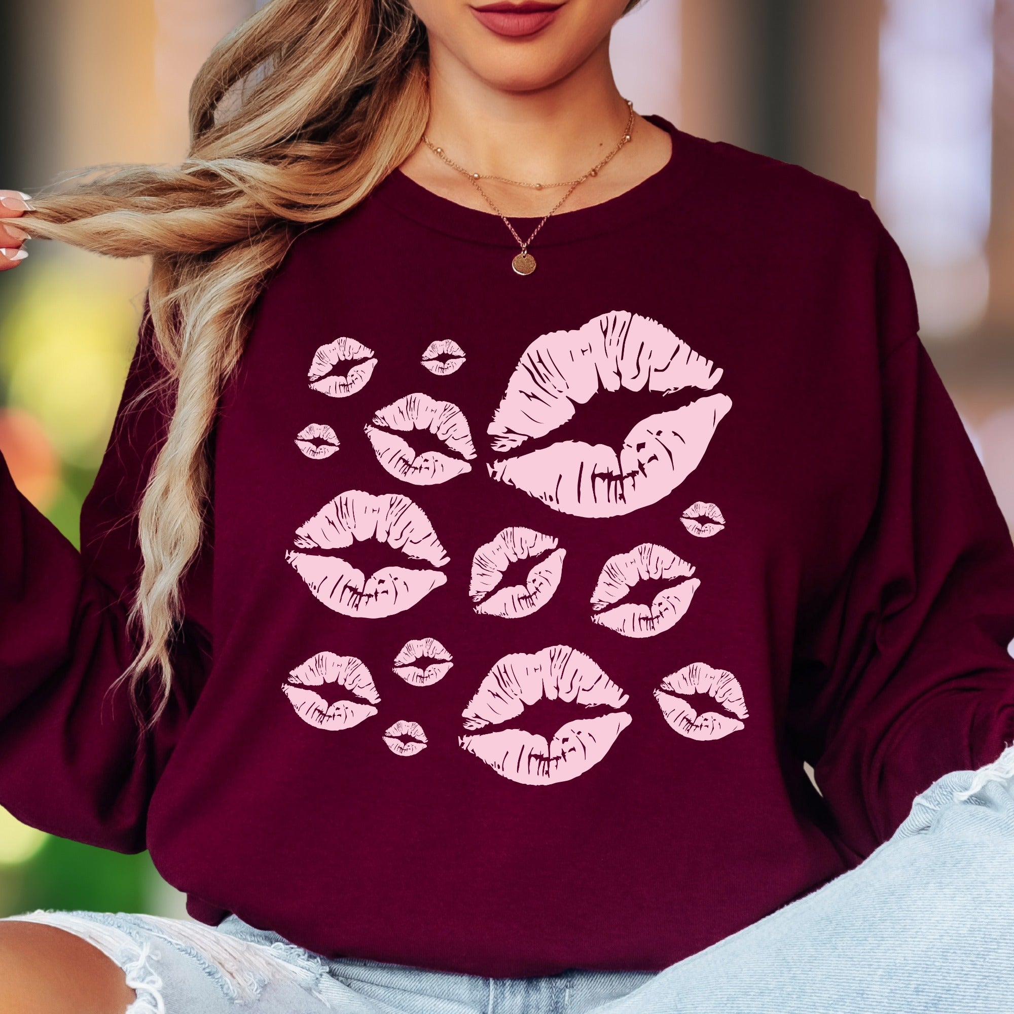 "Pink Kisses" | Playful Pattern Unisex Adult Long Sleeve T-Shirt | Flirty Lifestyle