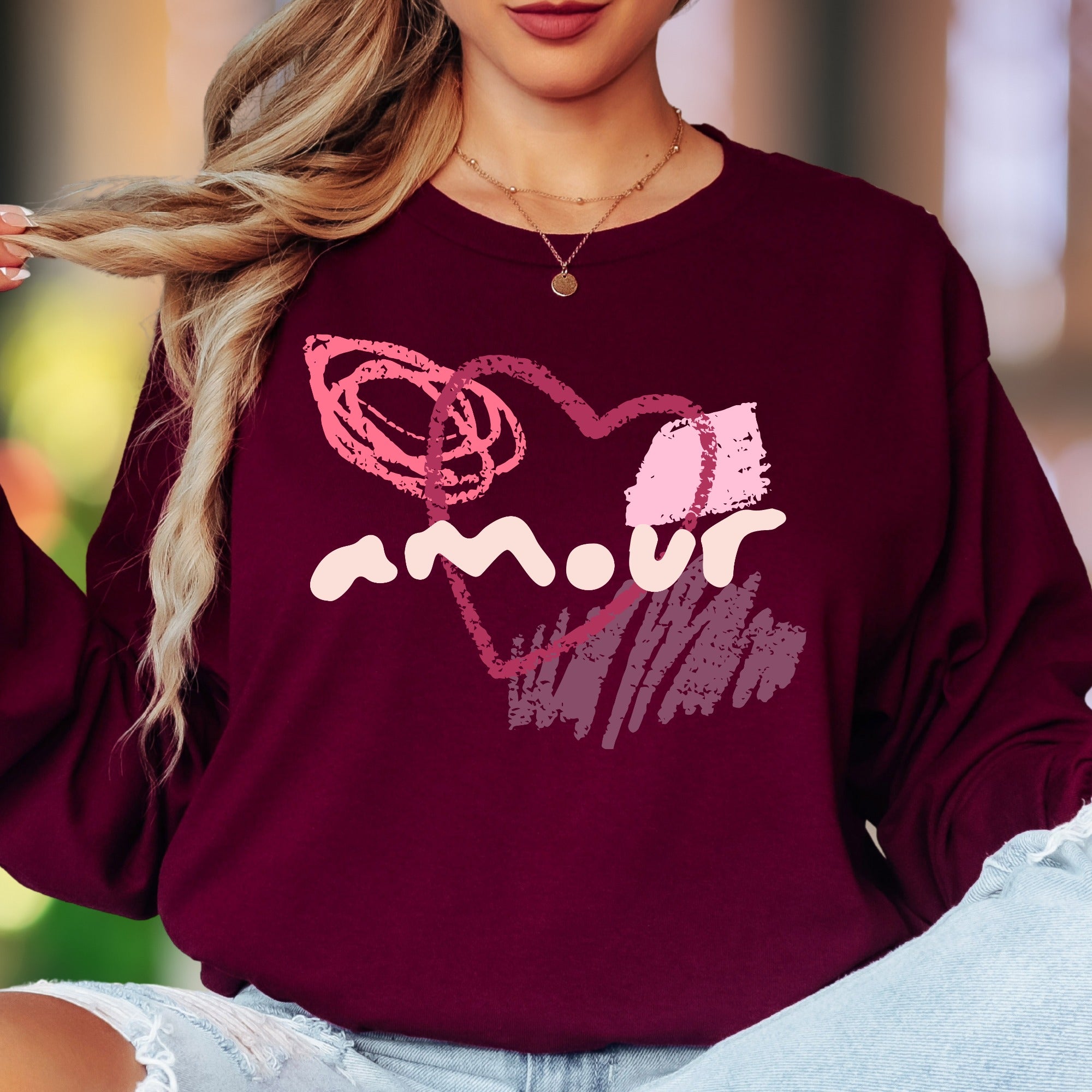 "Amour" | Abstract Brushstroke Unisex Adult Long Sleeve T-Shirt | Romantic Expression