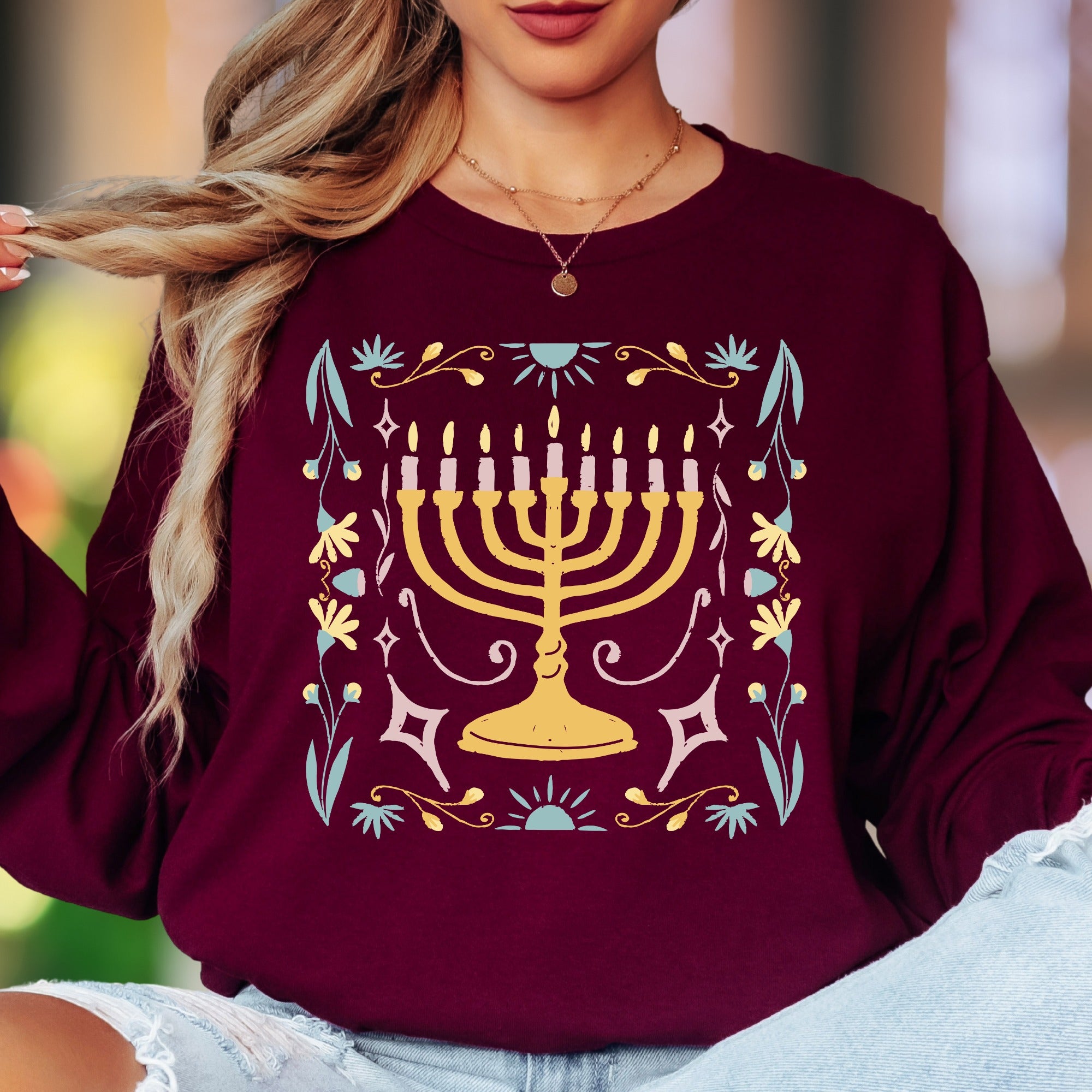 Minimalist Menorah | Floral Folk Art Unisex Adult Long Sleeve T-Shirt | Festive Lifestyle