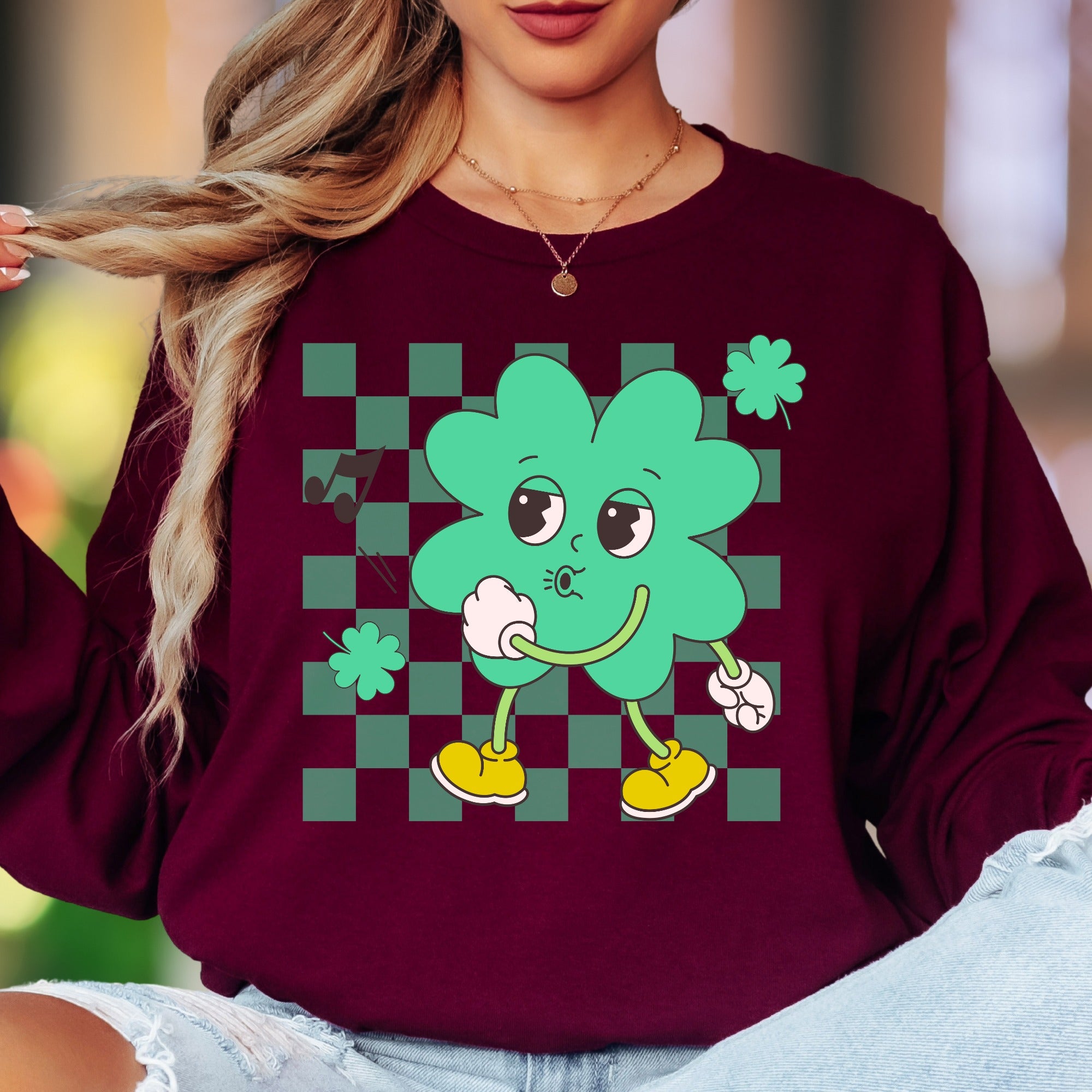 "Groovy Shamrock" | Retro Checkerboard Unisex Adult Long Sleeve T-Shirt | Playful St. Patrick's Day Style