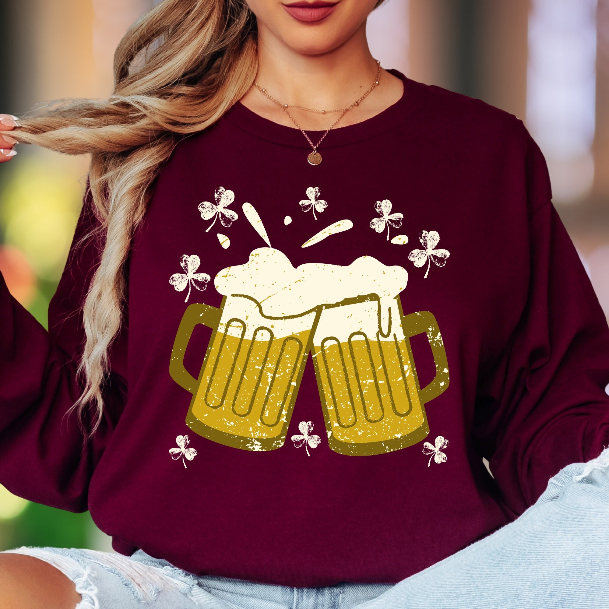 St. Patrick's Day Cheers | Distressed Graphic Unisex Adult Long Sleeve T-Shirt | Festive Lifestyle