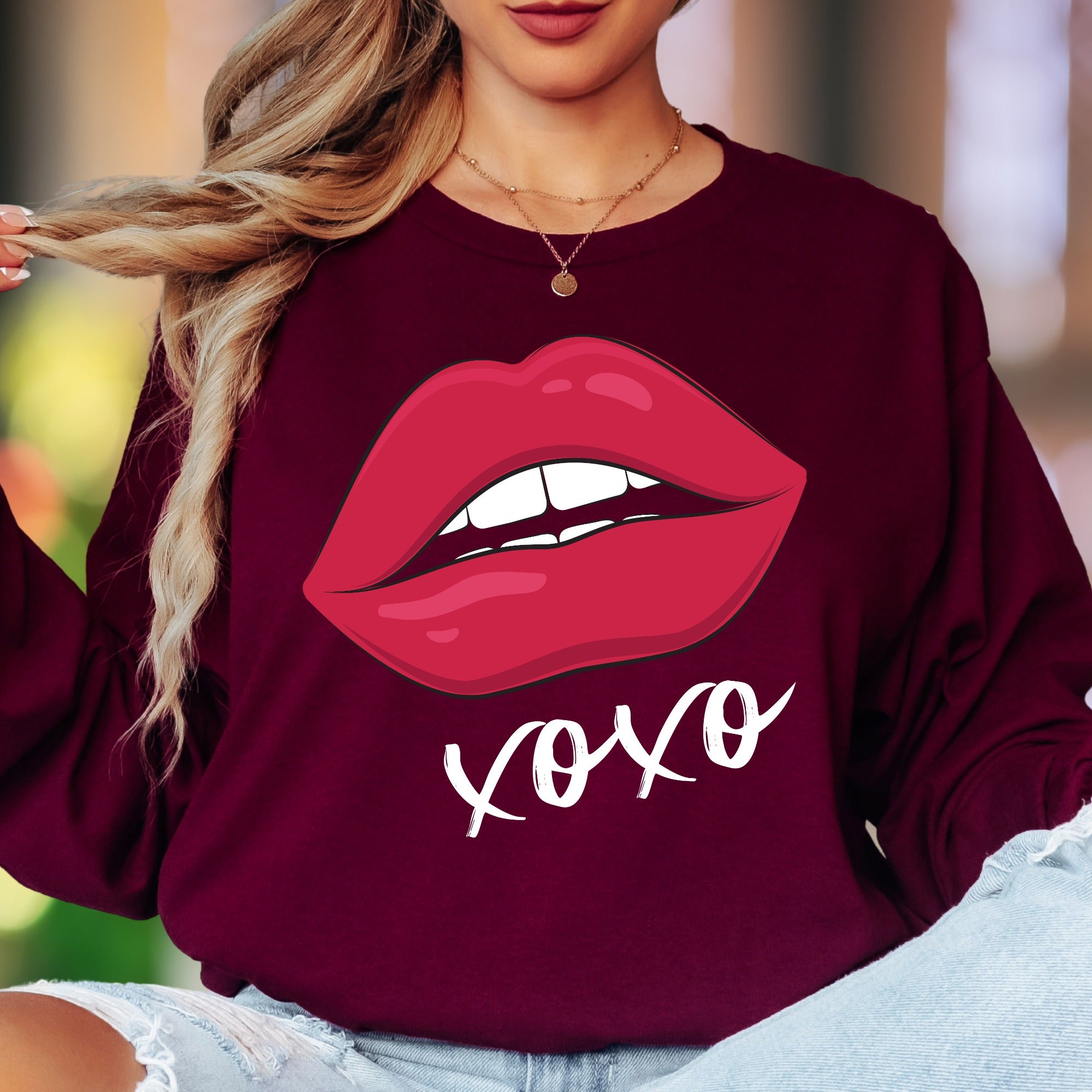 "XOXO" | Bold Lips Graphic Unisex Adult Long Sleeve T-Shirt | Affectionate Streetwear