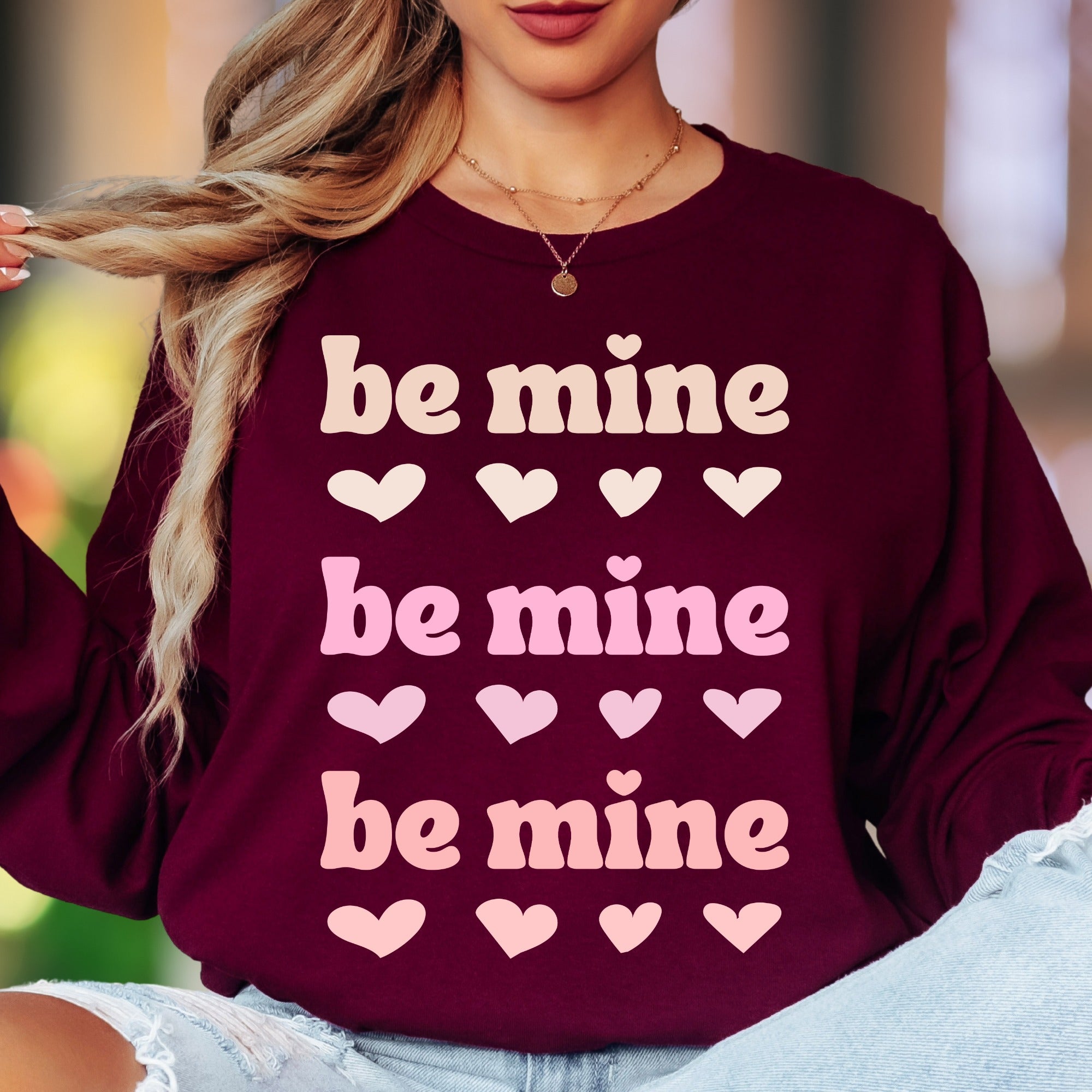 "Be Mine" | Retro Typography Unisex Adult Long Sleeve T-Shirt | Romantic Lifestyle Main image