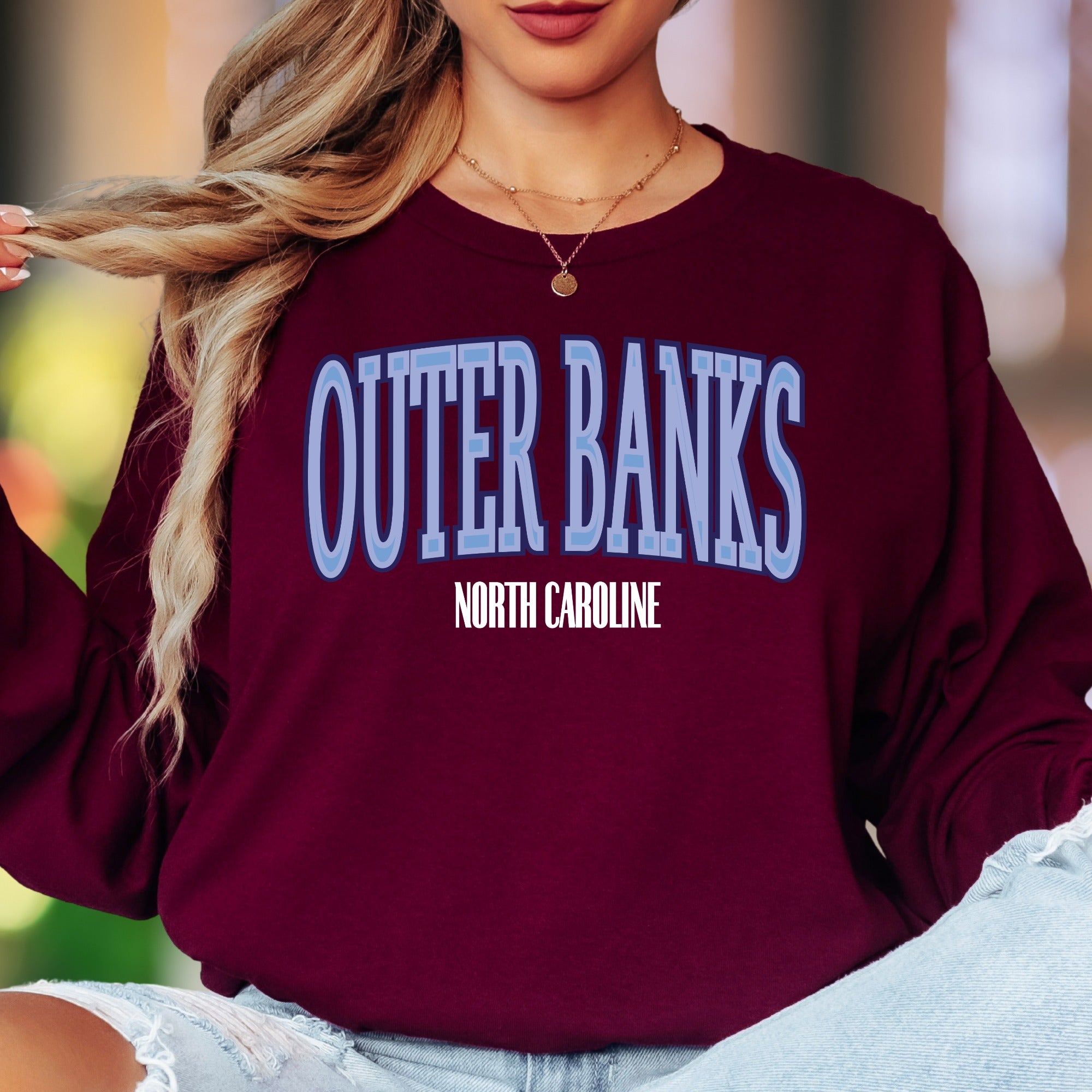 "Outer Banks North Carolina" | Retro Typography Unisex Adult Long Sleeve T-Shirt | Coastal Lifestyle