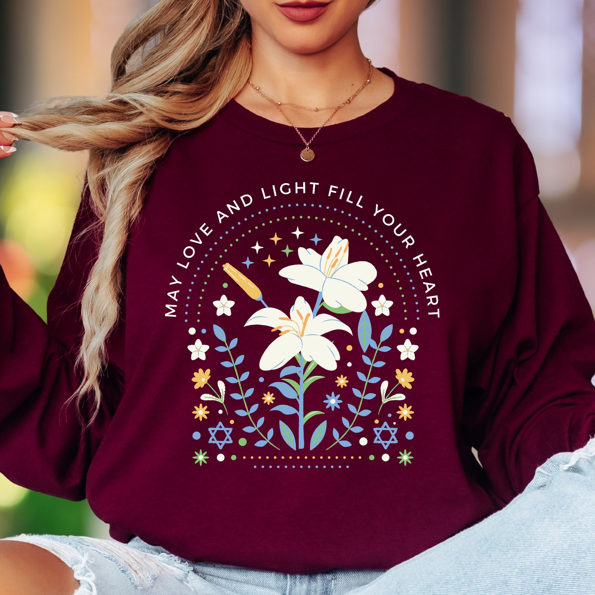 "May Love and Light Fill Your Heart" | Floral Motif Unisex Adult Long Sleeve T-Shirt | Positive Affirmation