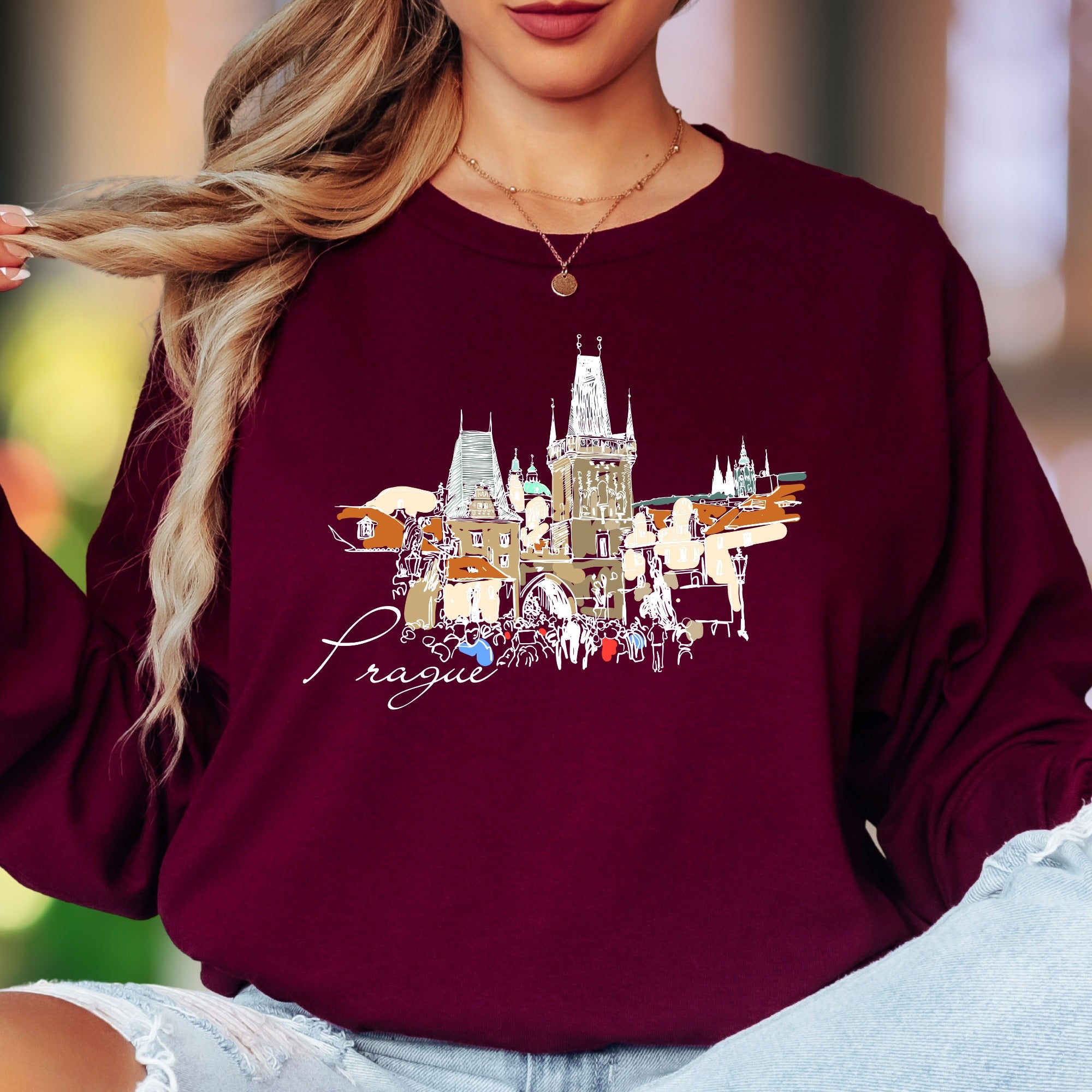 "Prague" | Sketch Art Cityscape Unisex Adult Long Sleeve T-Shirt | Travel & Culture Lifestyle