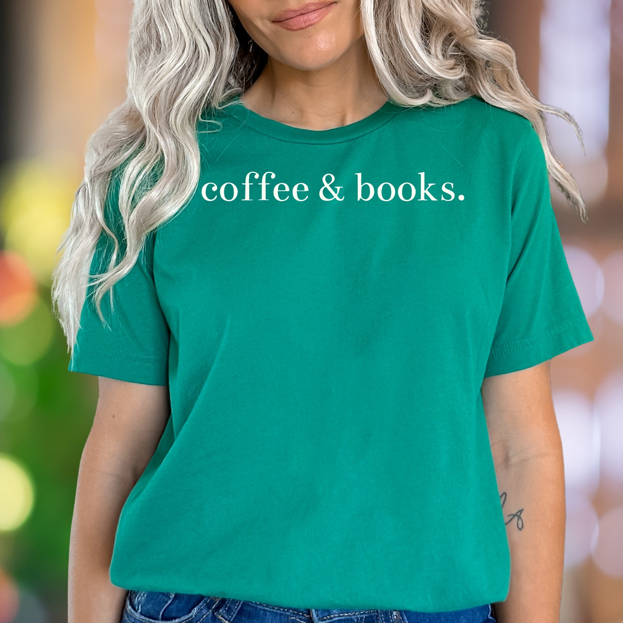 "coffee & books." | Minimal Typography Unisex Adult T-Shirt | Relaxed Lifestyle