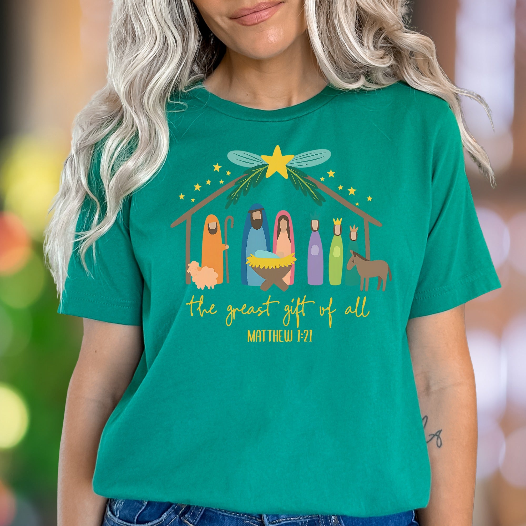 "The Greatest Gift Of All Matthew 1:21" | Nativity Scene Unisex Adult T-Shirt | Heartfelt Scripture Apparel