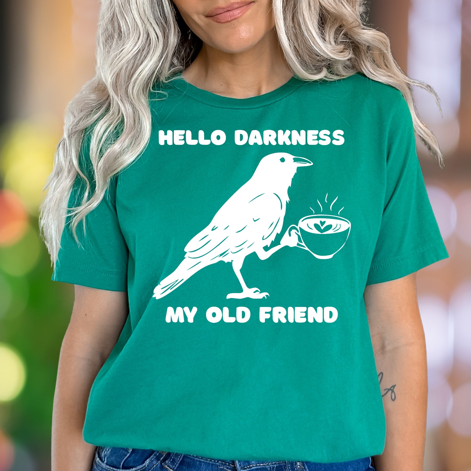 "Hello Darkness My Old Friend" | Funny Crow Coffee Unisex Adult T-Shirt | Sarcastic Lifestyle