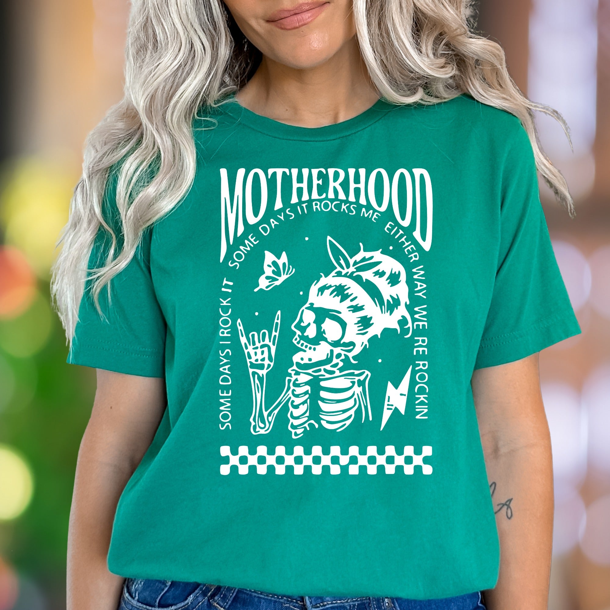 "Motherhood - Some Days I Rock It, Some Days It Rocks Me" | Bold Retro Unisex Adult T-Shirt | Edgy Mom Life
