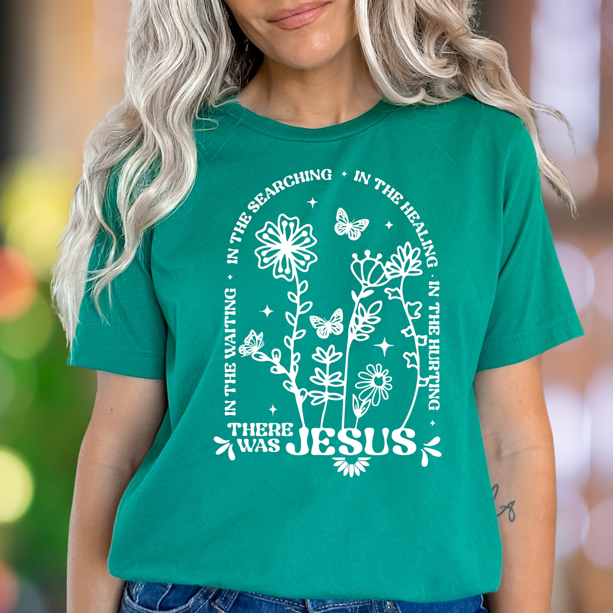 "In The Waiting, In The Searching, In The Healing, In The Hurting There Was Jesus" | Floral Graphic Unisex Adult T-Shirt | Faith-Inspired Lifestyle