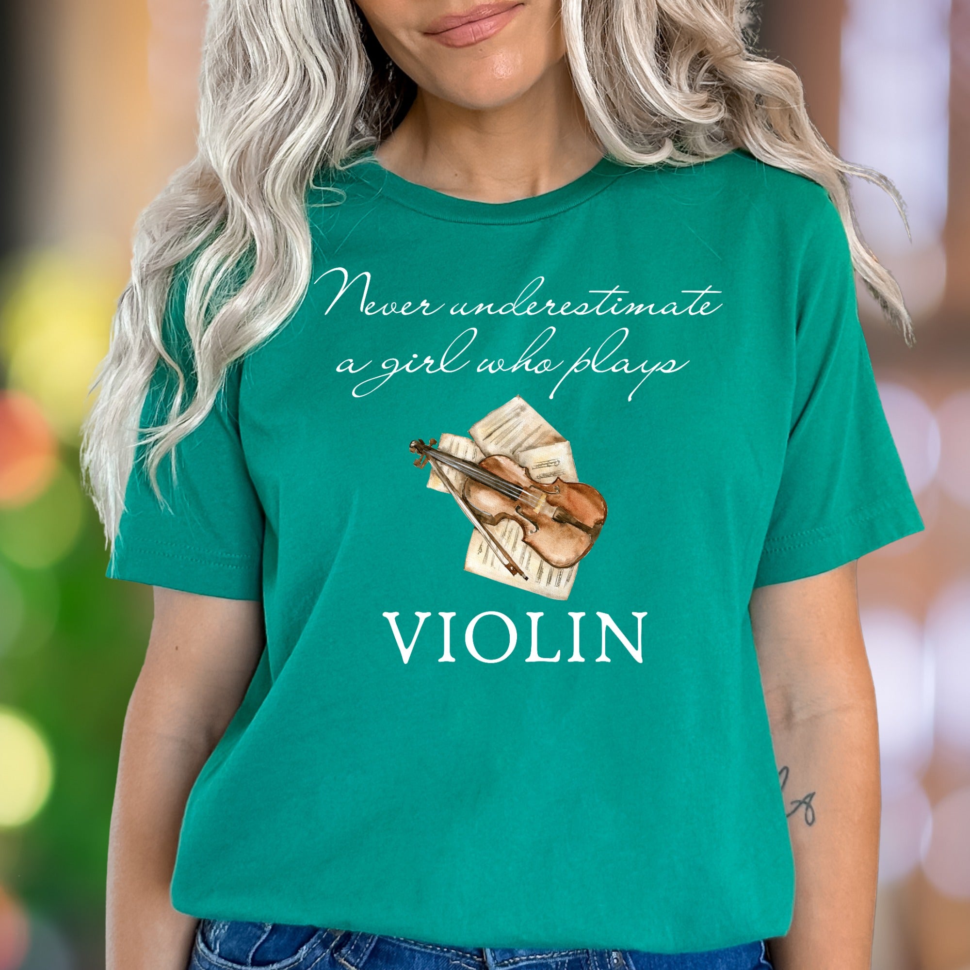 "Never underestimate a girl who plays VIOLIN" | Artistic Graphic Unisex Adult T-Shirt | Musician Lifestyle
