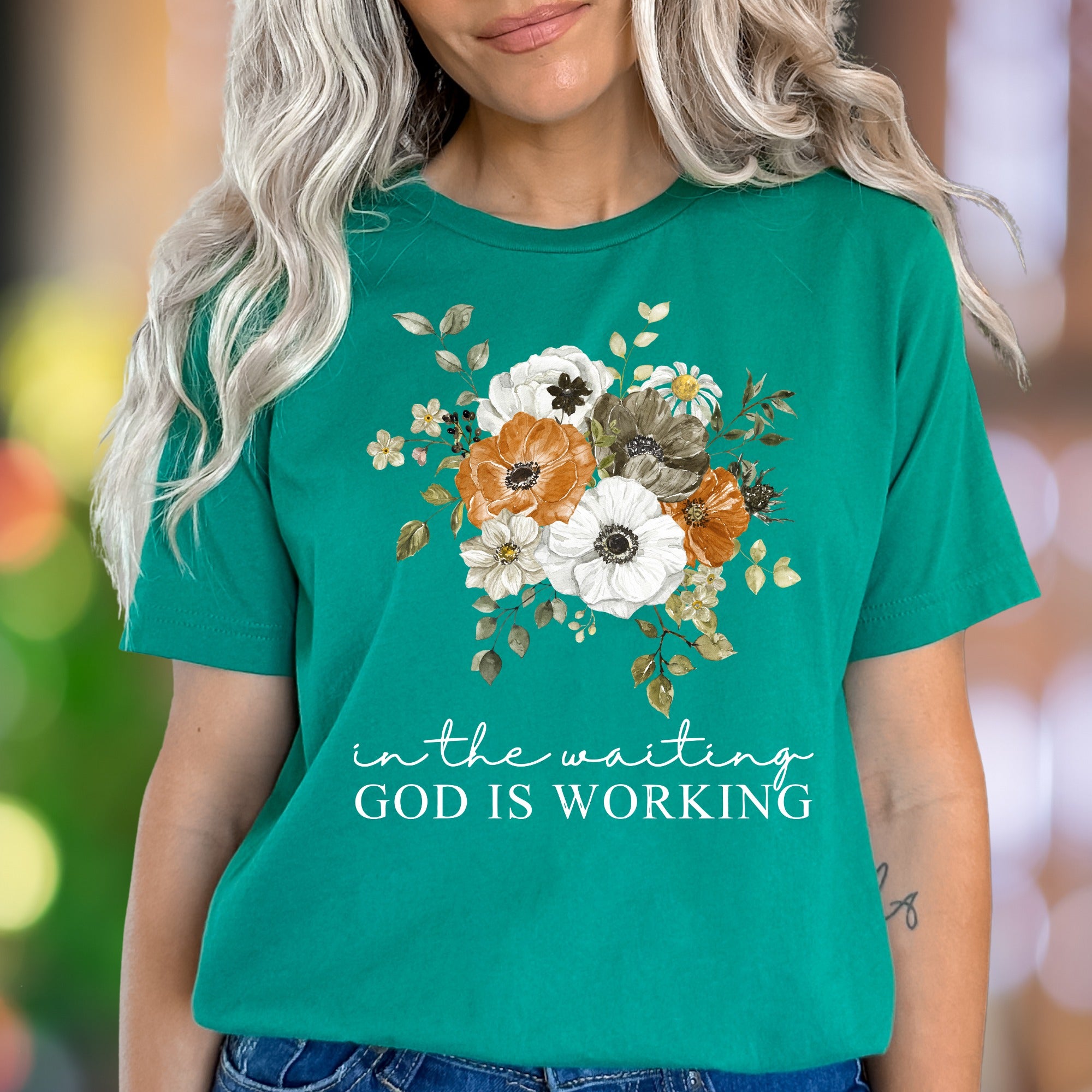 “In The Waiting God Is Working" | Floral Graphic Unisex Adult T-Shirt | Inspirational Lifestyle