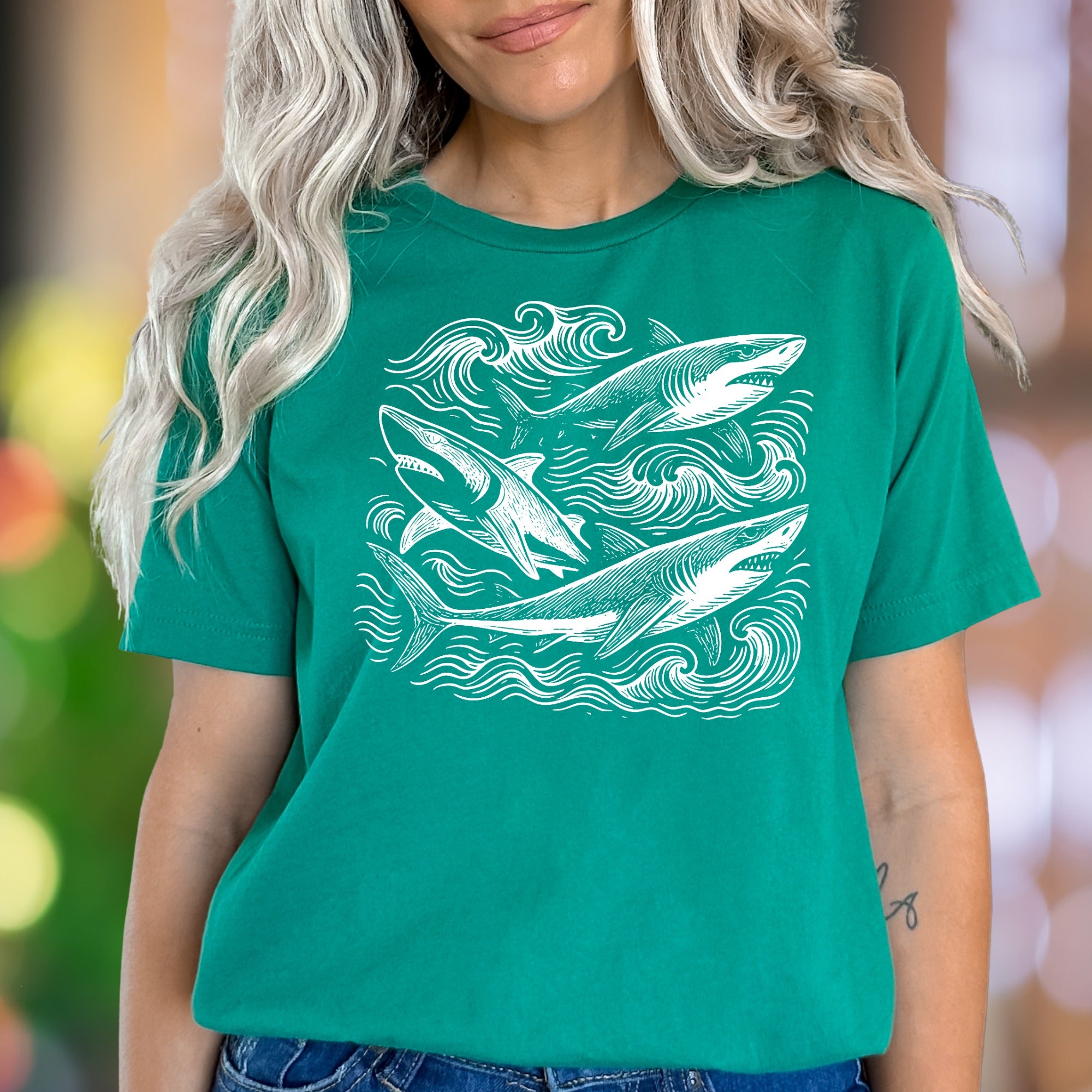 "Sharks with Waves" | Vintage Ocean Graphic Unisex Adult T-Shirt | Marine Lifestyle