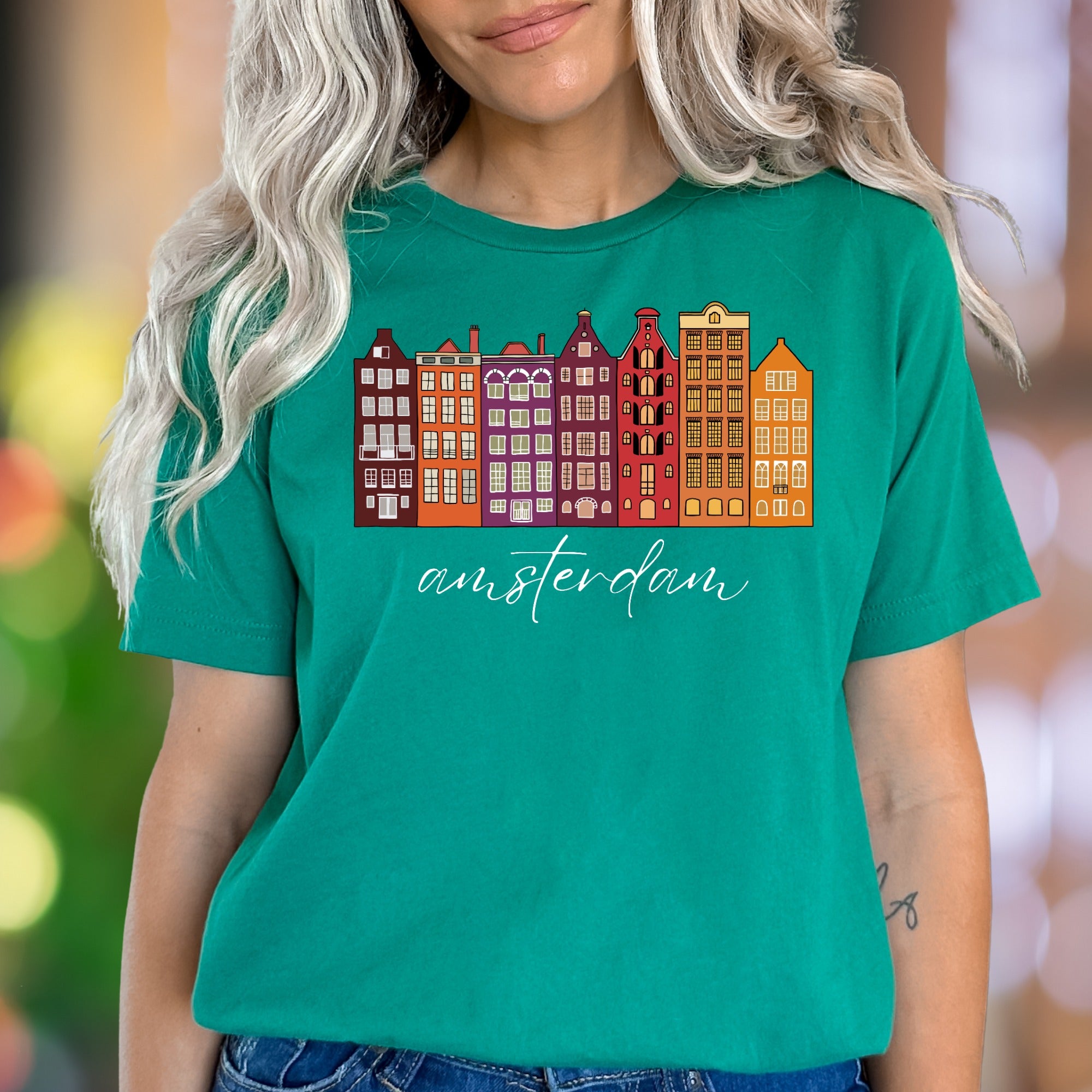 "amsterdam" | Colorful Cityscape Unisex Adult T-Shirt | Travel & Culture Apparel