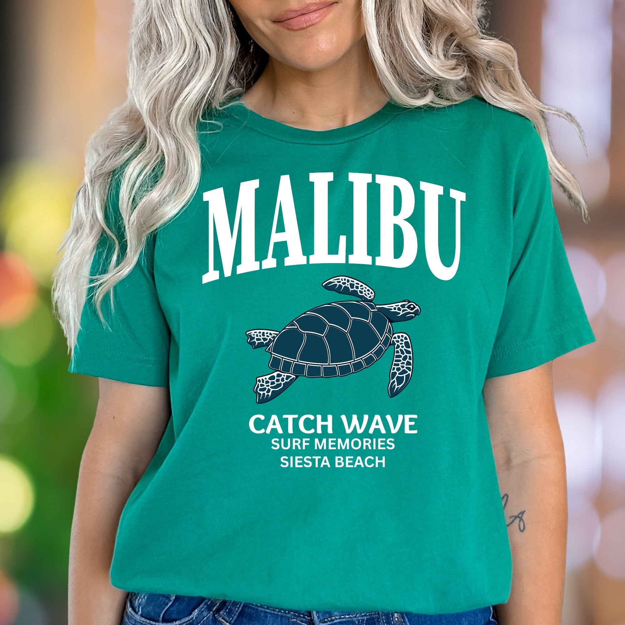 "MALIBU Catch Wave Surf Memories Siesta Beach" | Retro Island Graphic Unisex Adult T-Shirt | Beach Lifestyle
