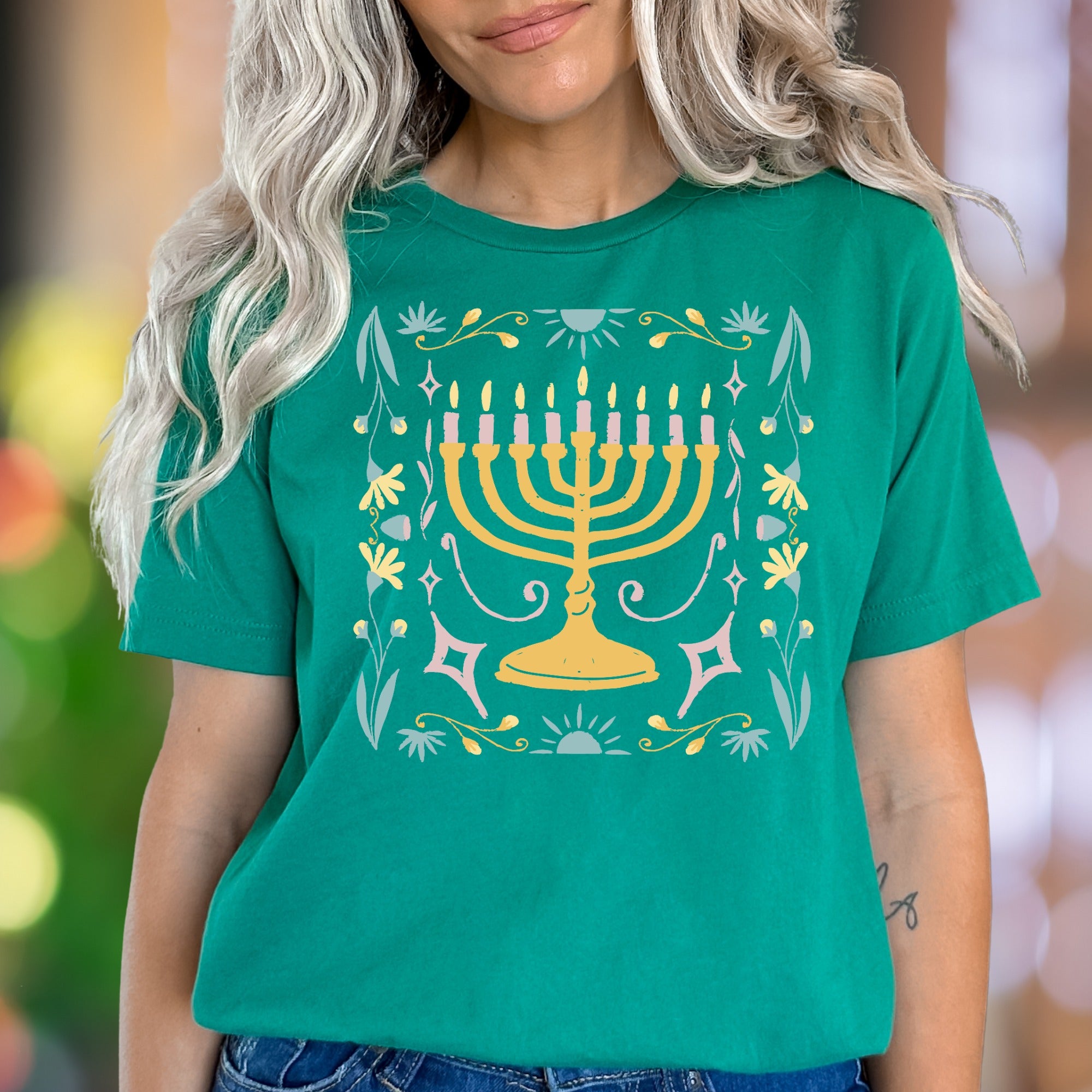 "Menorah & Floral" | Folk Art Unisex Adult T-Shirt | Festive Lifestyle