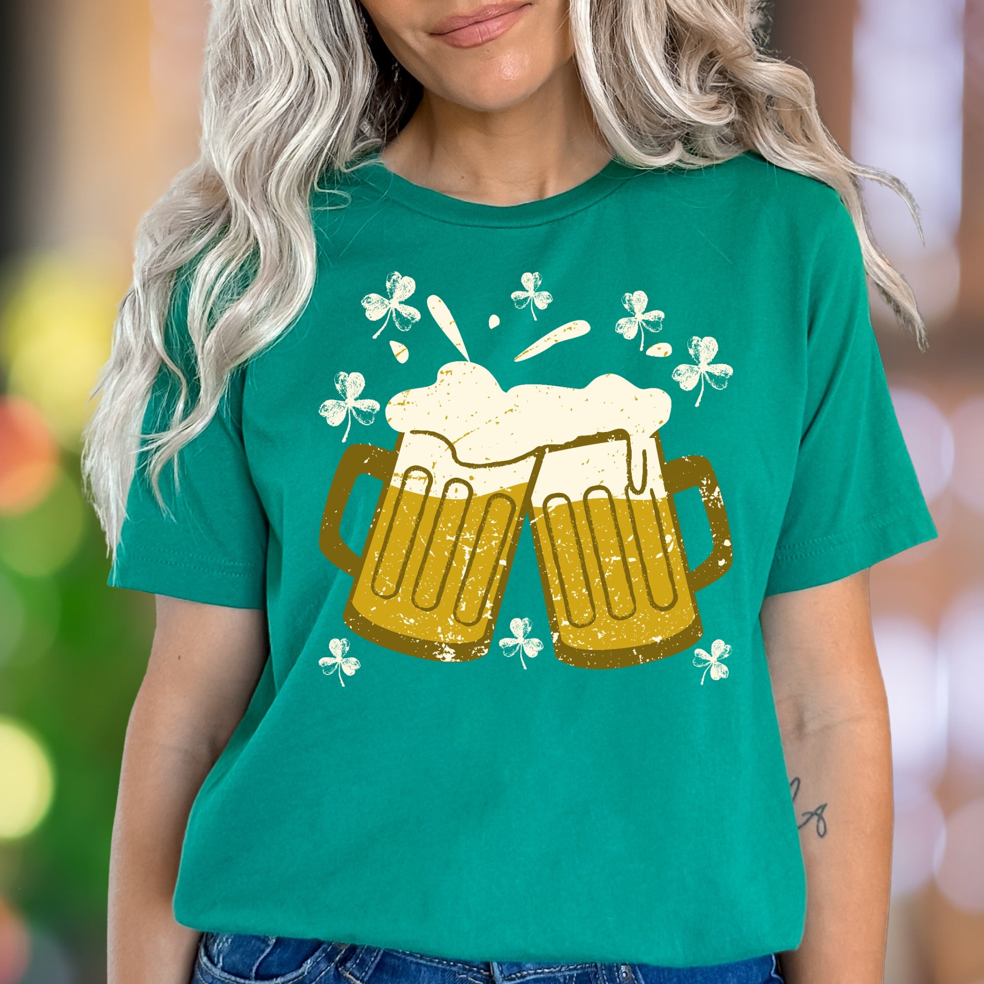 "Cheers & Shamrocks" | Distressed Graphic Unisex Adult T-Shirt | Festive Celebration Wear