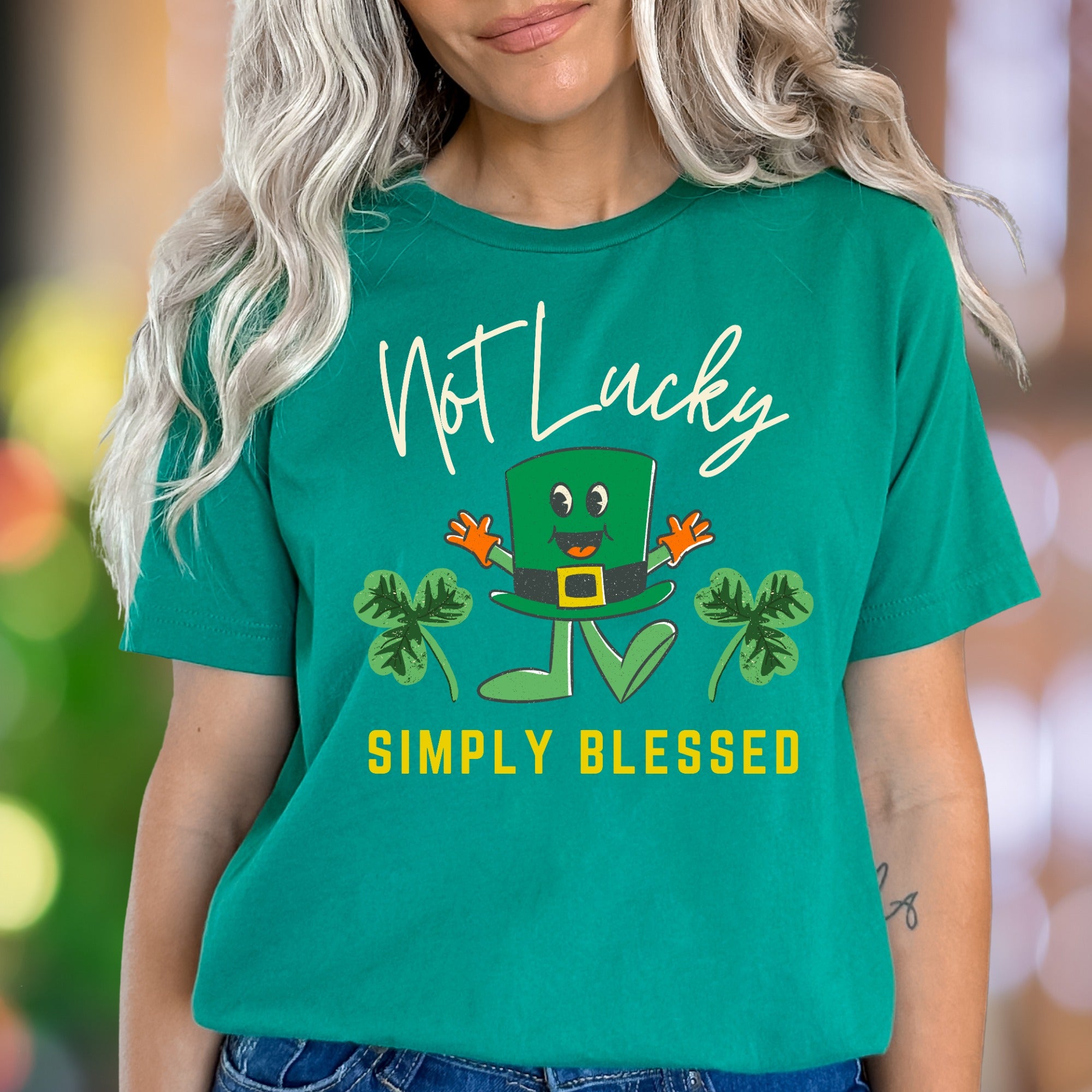 "Not Lucky Simply Blessed" | Funny Cartoon Unisex Adult T-Shirt | Positive Lifestyle