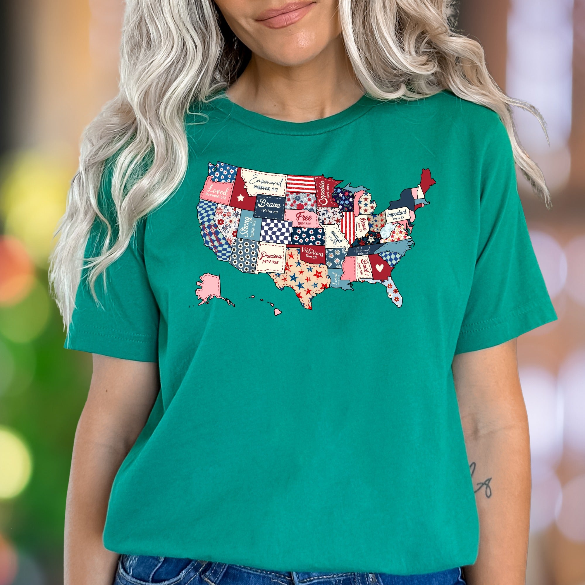 "Loved, Empowered, Capable" | Patriotic Patchwork Unisex Adult T-Shirt | Empowering Lifestyle