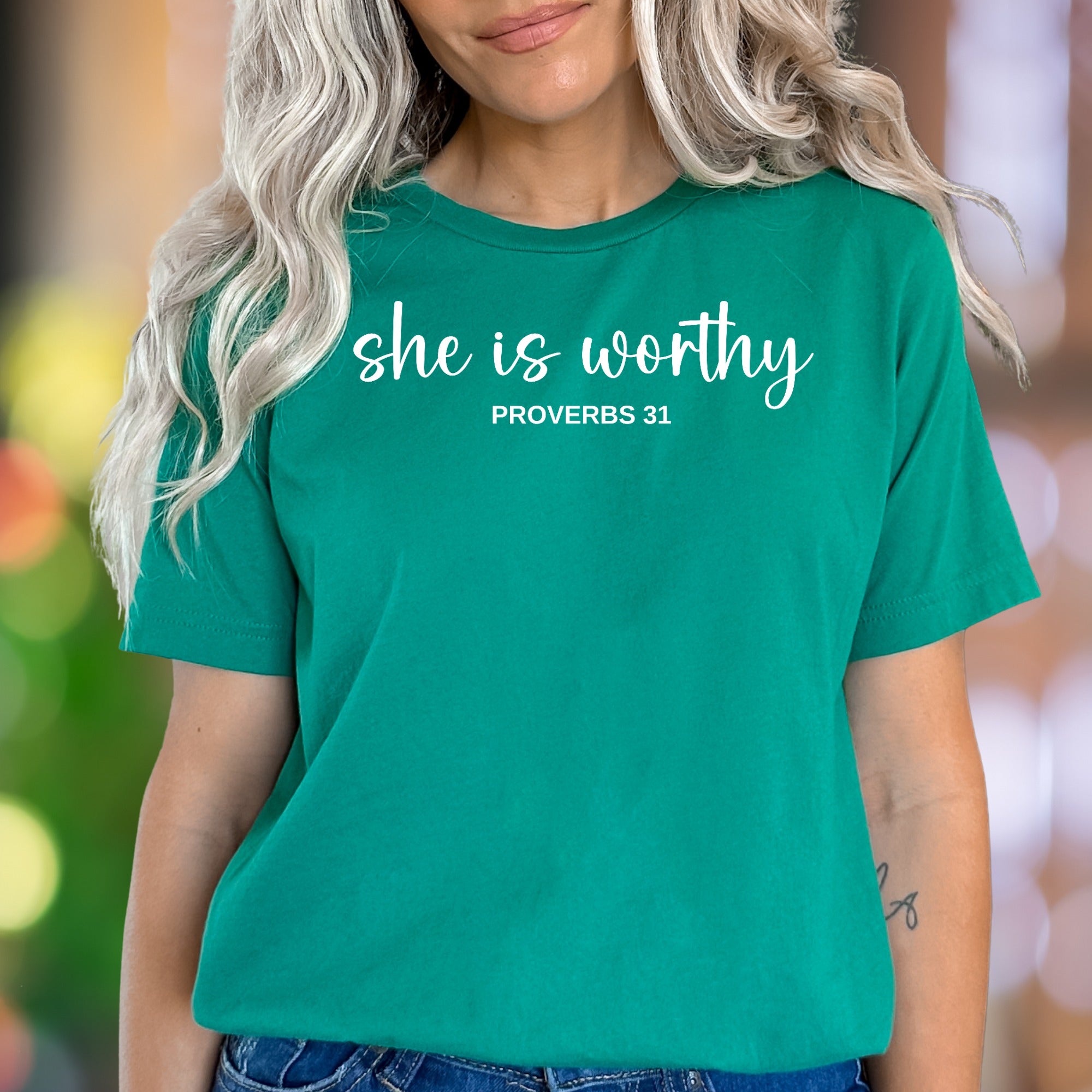 "She Is Worthy: Proverbs 31" | Script Typography Unisex Adult T-Shirt | Empowering Lifestyle
