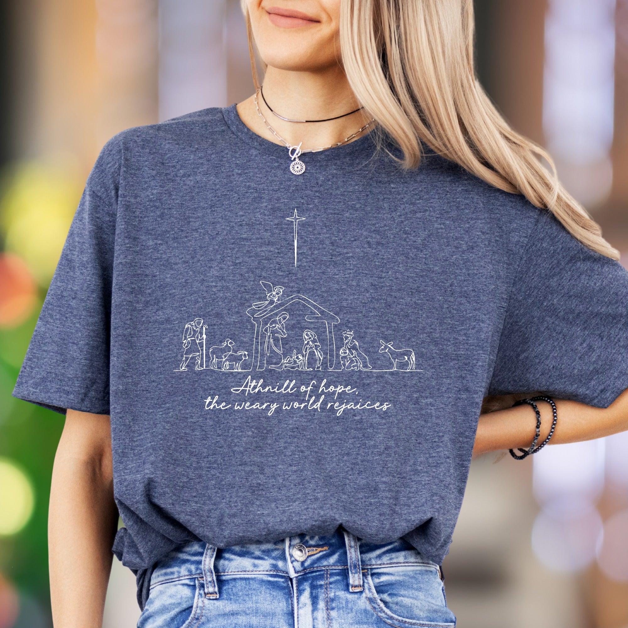 "A thrill of hope, the weary world rejoices" | Minimal Nativity Unisex Adult T-Shirt | Holiday Lifestyle