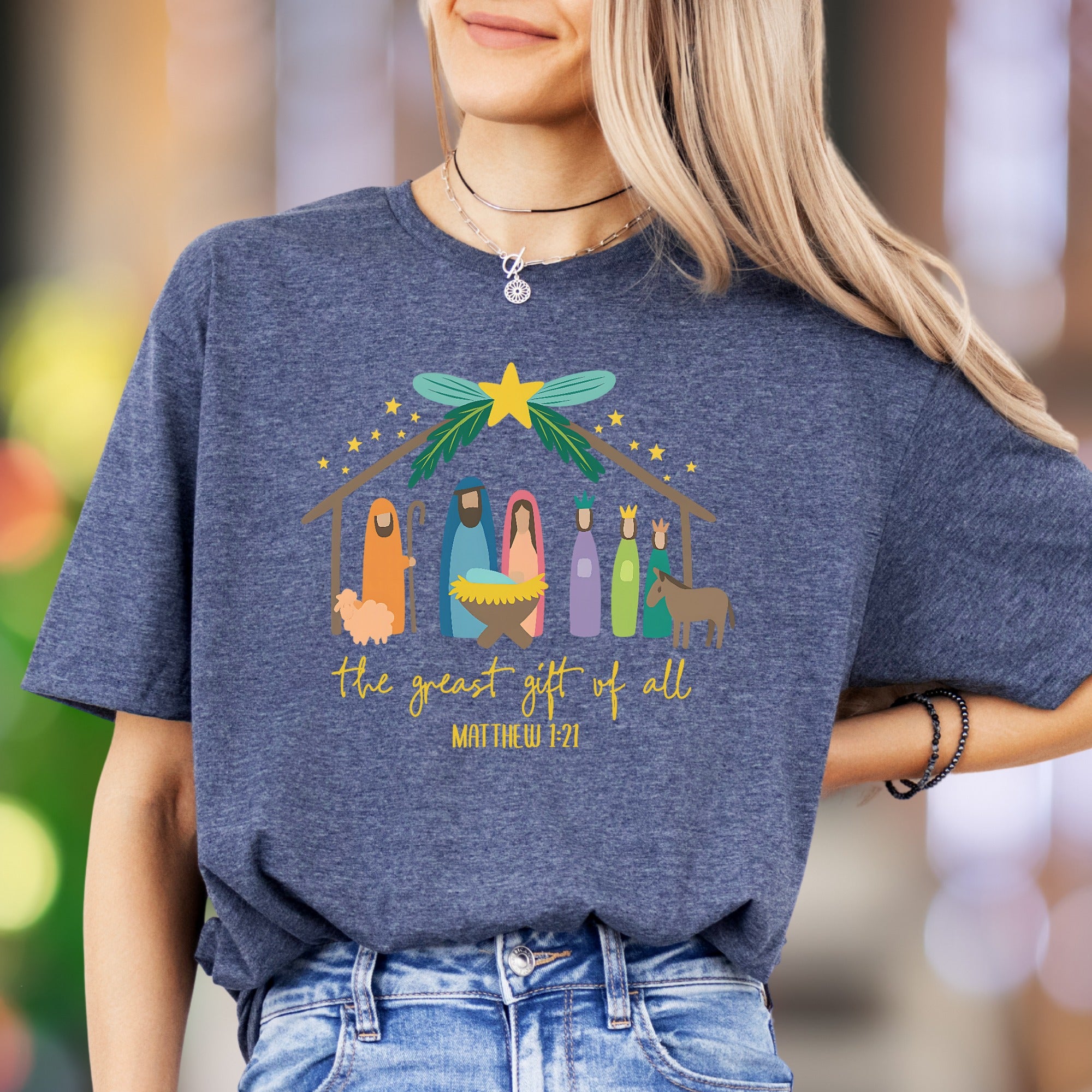 "The Greatest Gift Of All Matthew 1:21" | Nativity Scene Unisex Adult T-Shirt | Heartfelt Scripture Apparel