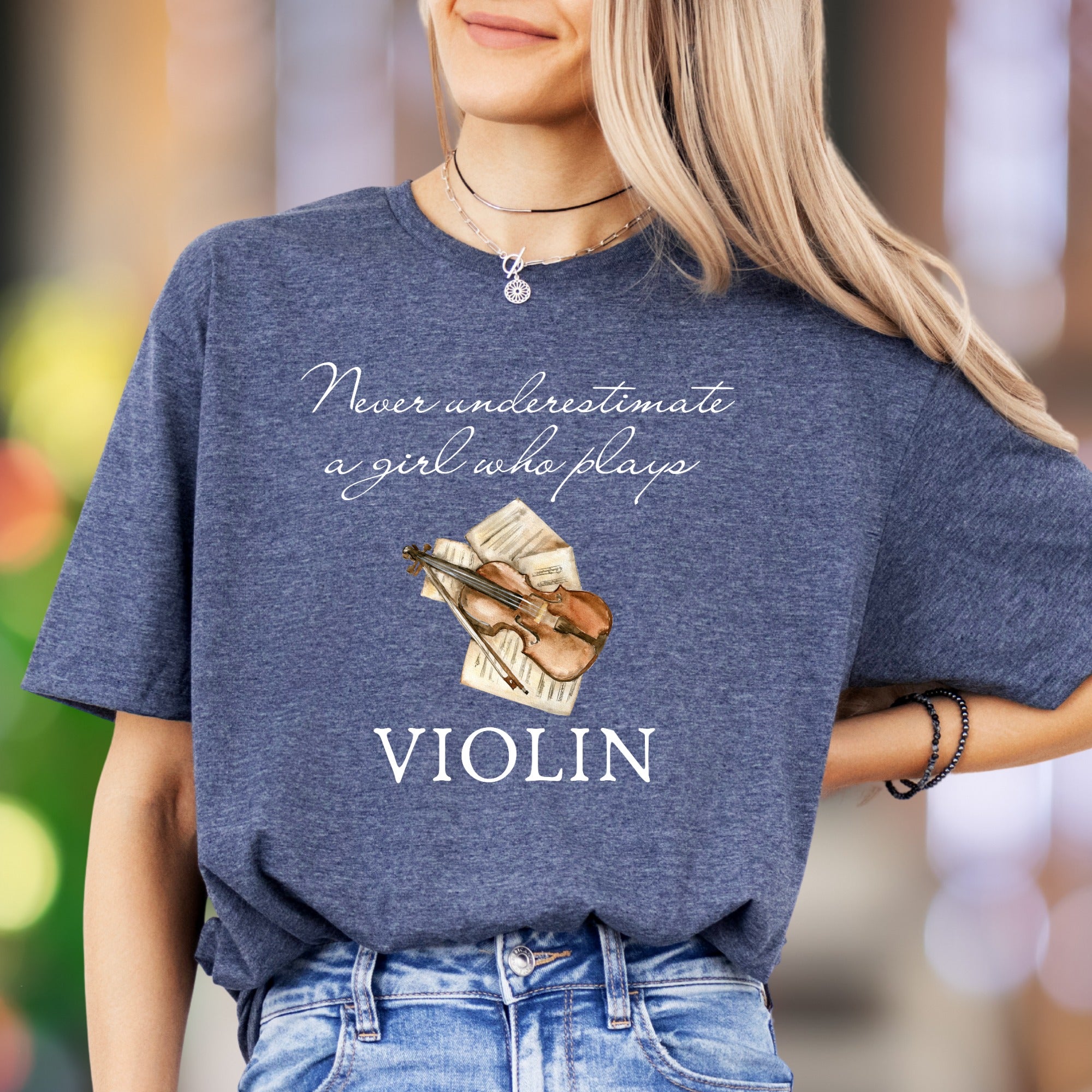 "Never underestimate a girl who plays VIOLIN" | Artistic Graphic Unisex Adult T-Shirt | Musician Lifestyle