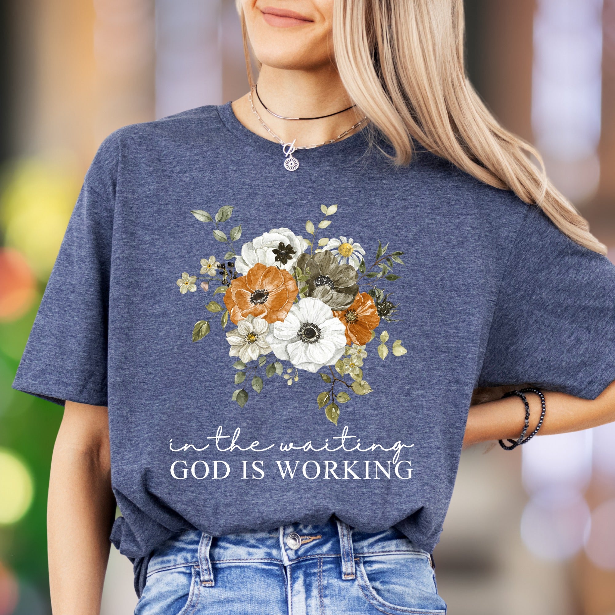 “In The Waiting God Is Working" | Floral Graphic Unisex Adult T-Shirt | Inspirational Lifestyle