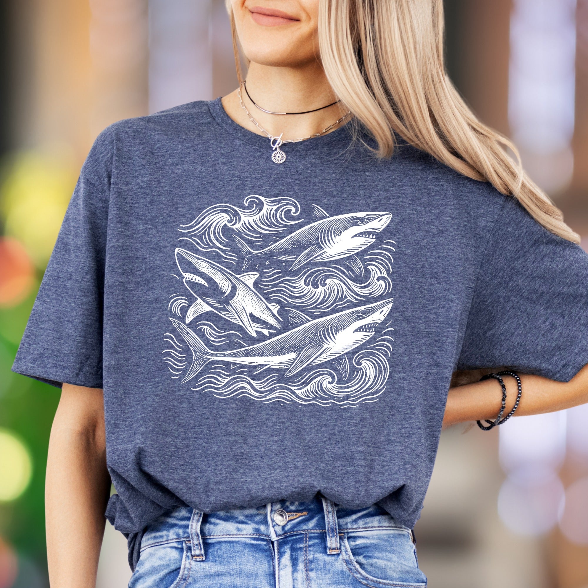 "Sharks with Waves" | Vintage Ocean Graphic Unisex Adult T-Shirt | Marine Lifestyle