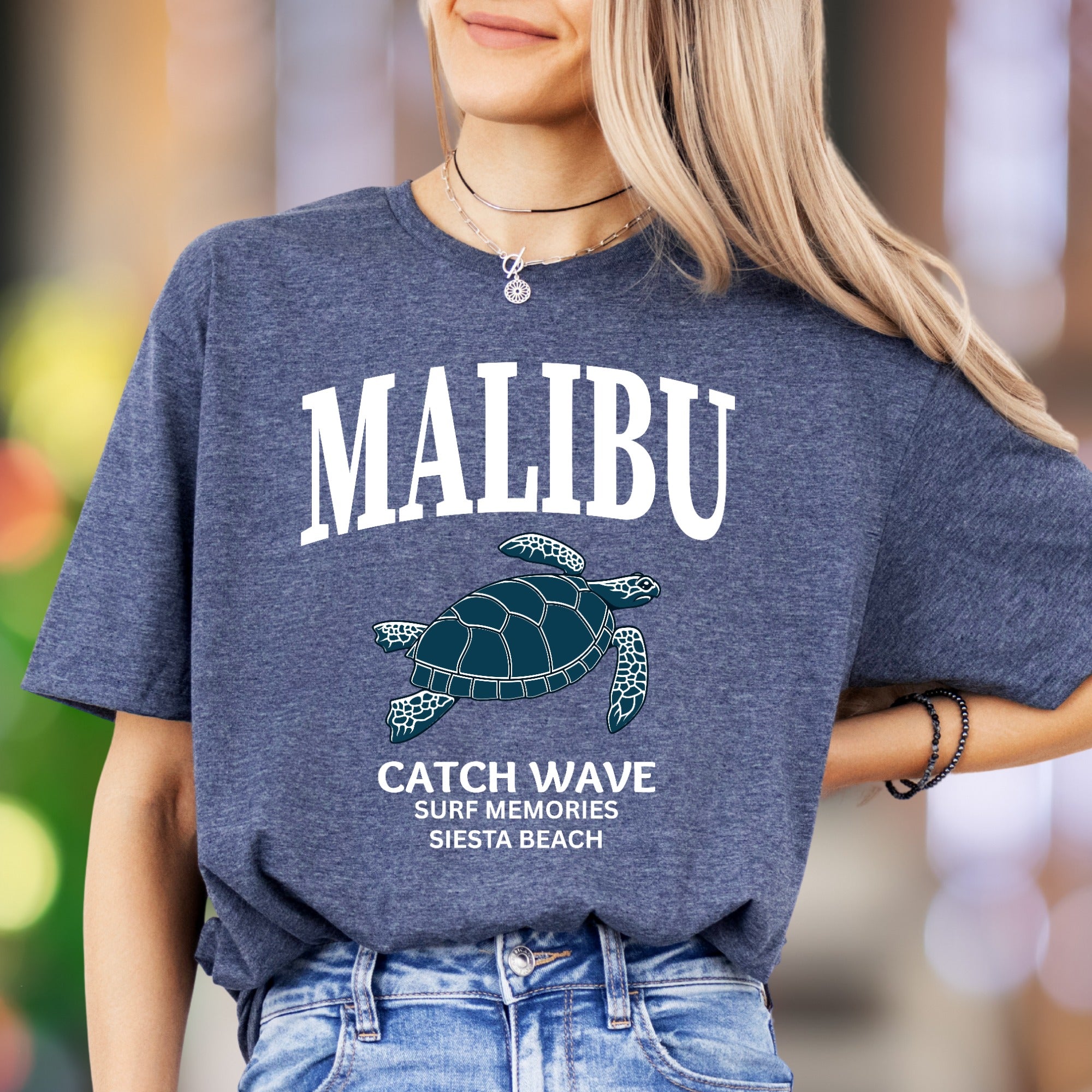 "MALIBU Catch Wave Surf Memories Siesta Beach" | Retro Island Graphic Unisex Adult T-Shirt | Beach Lifestyle