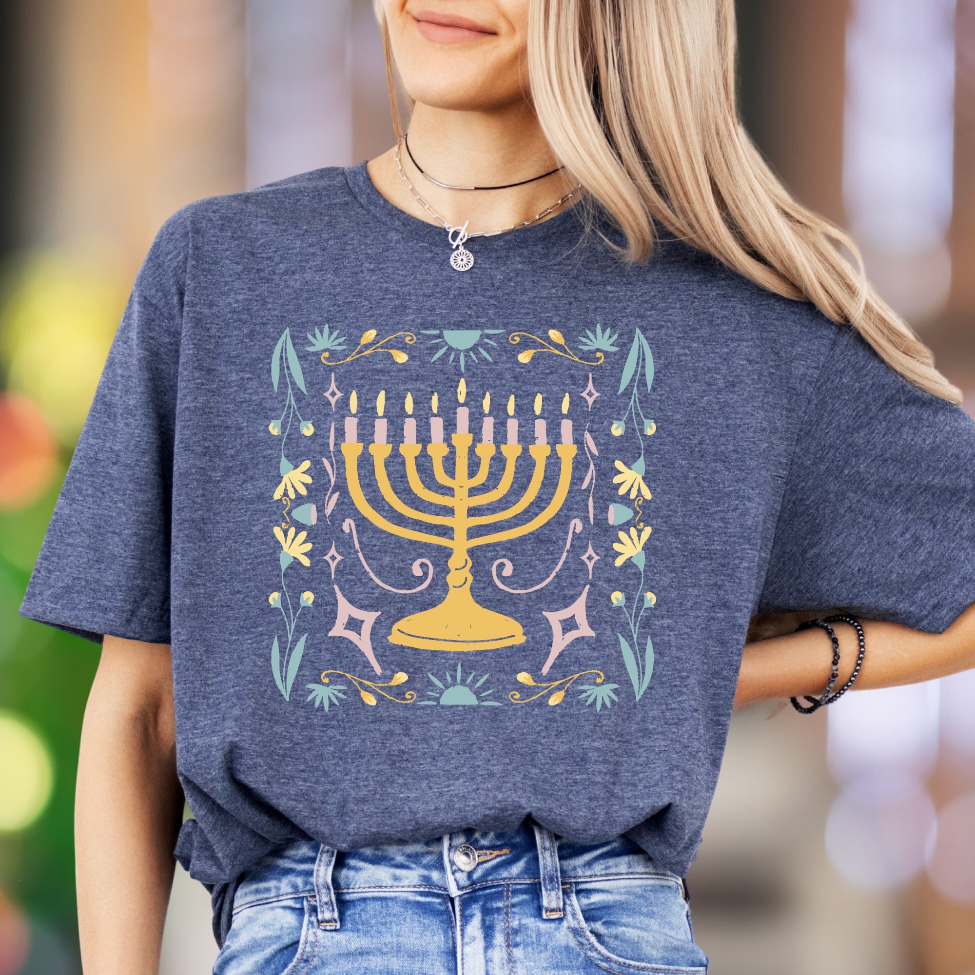 "Menorah & Floral" | Folk Art Unisex Adult T-Shirt | Festive Lifestyle