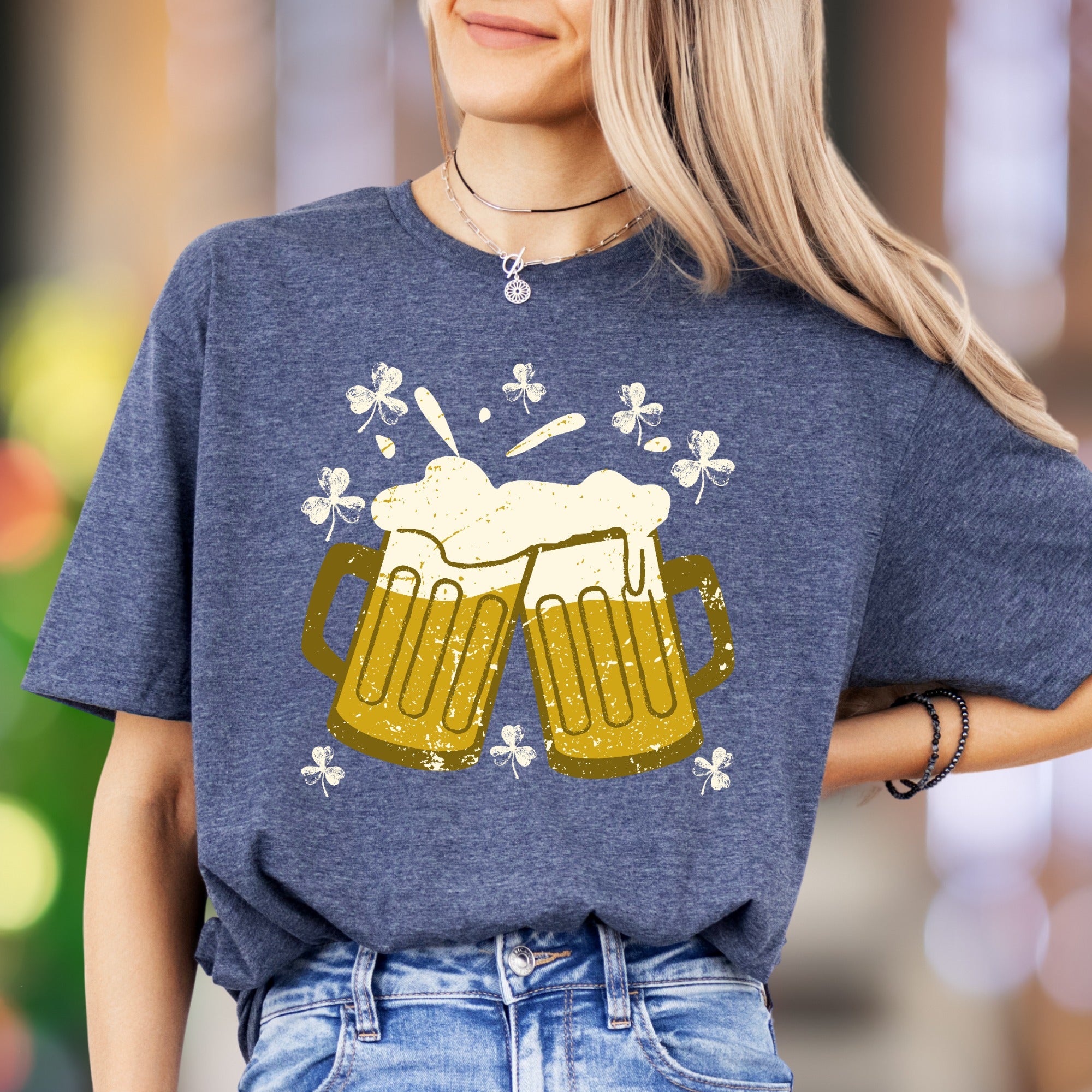 "Cheers & Shamrocks" | Distressed Graphic Unisex Adult T-Shirt | Festive Celebration Wear