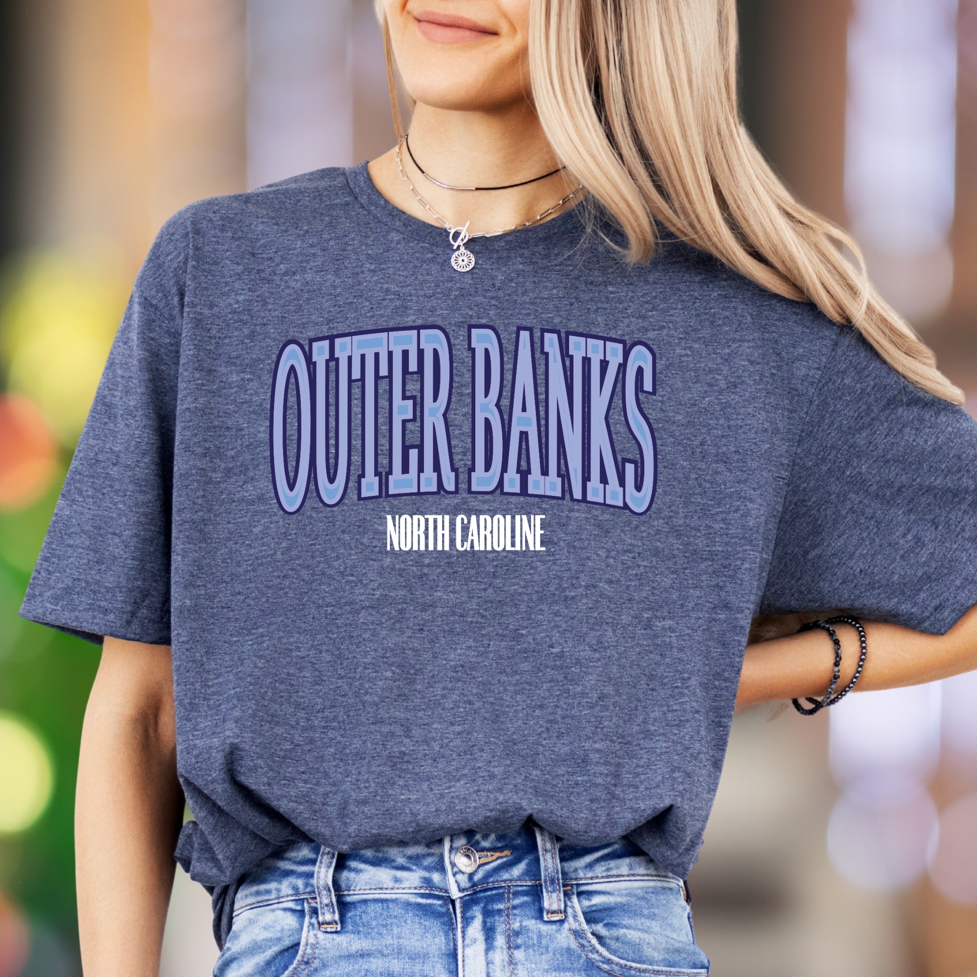 "Outer Banks North Carolina" | Retro Blue Typography Unisex Adult T-Shirt | Coastal Lifestyle