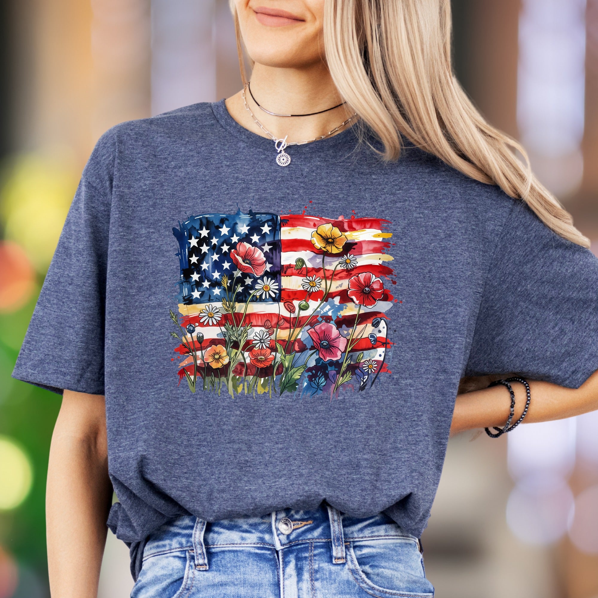 "Floral Flag Sketch" | Watercolor Graphic Unisex Adult T-Shirt | Patriotic Expression