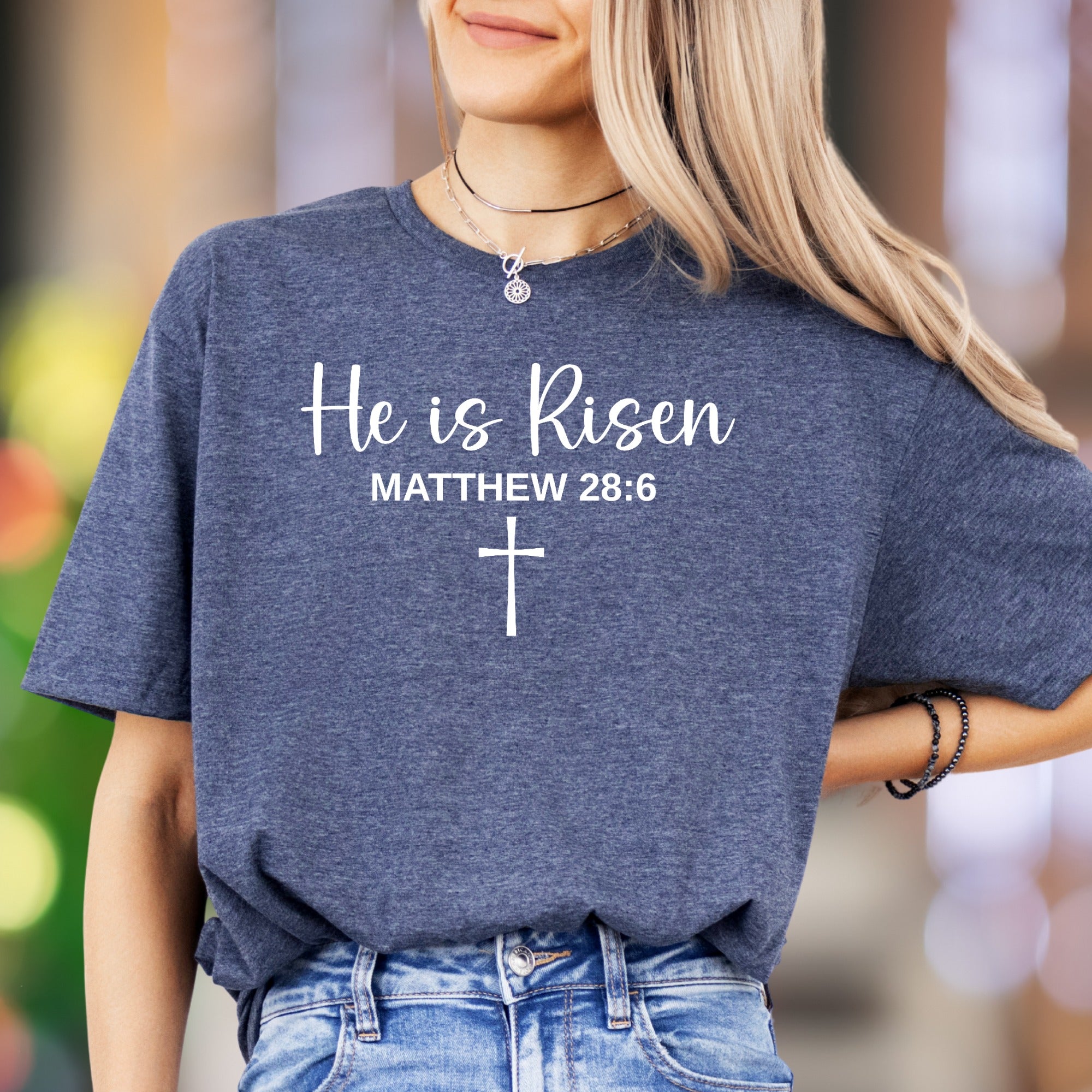 "He is Risen Matthew 28:6" | Modern Script Graphic Unisex Adult T-Shirt | Faith-Inspired Apparel