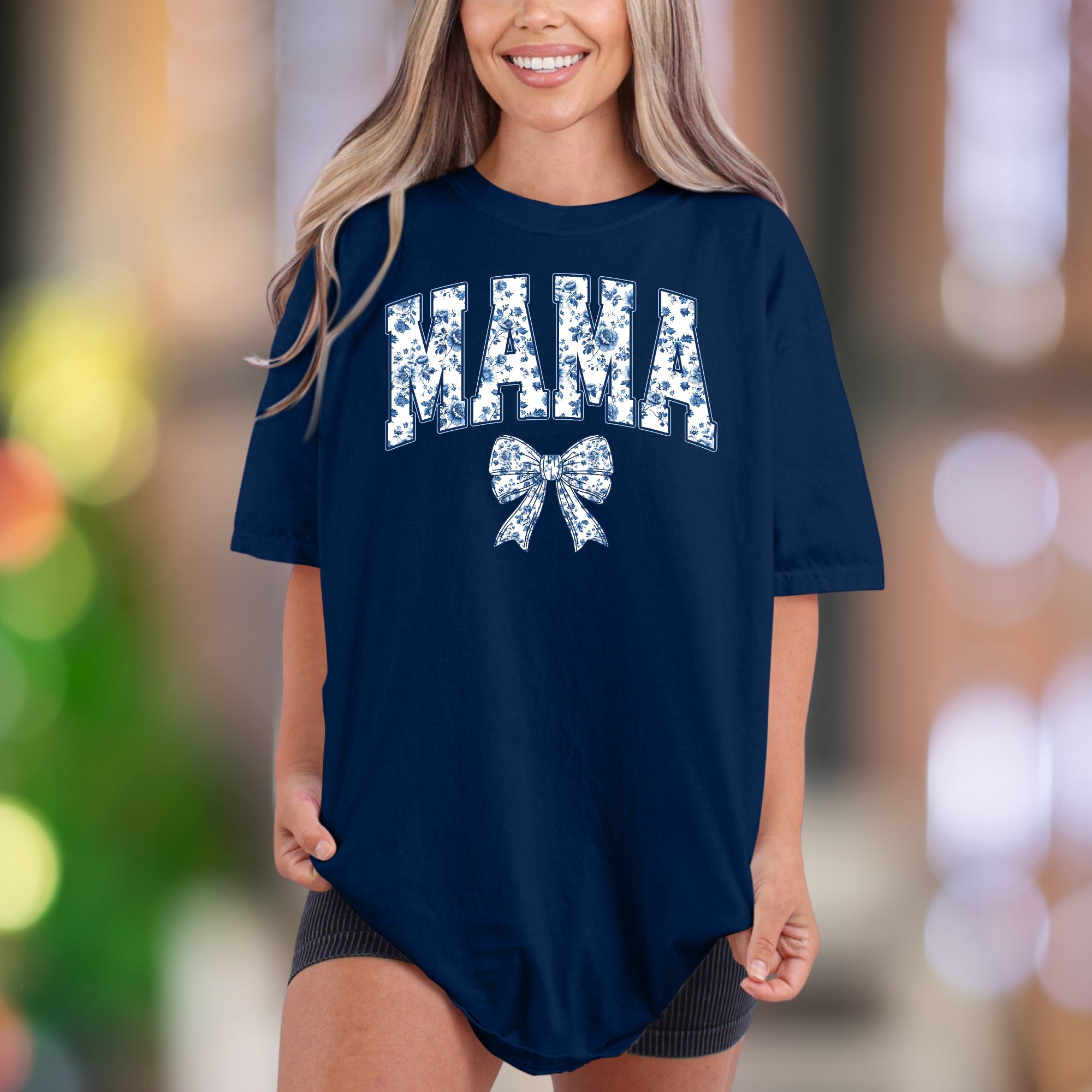 "MAMA" Floral Bow | Comfort Colors Unisex Adult T-Shirt | Chinoiserie Style