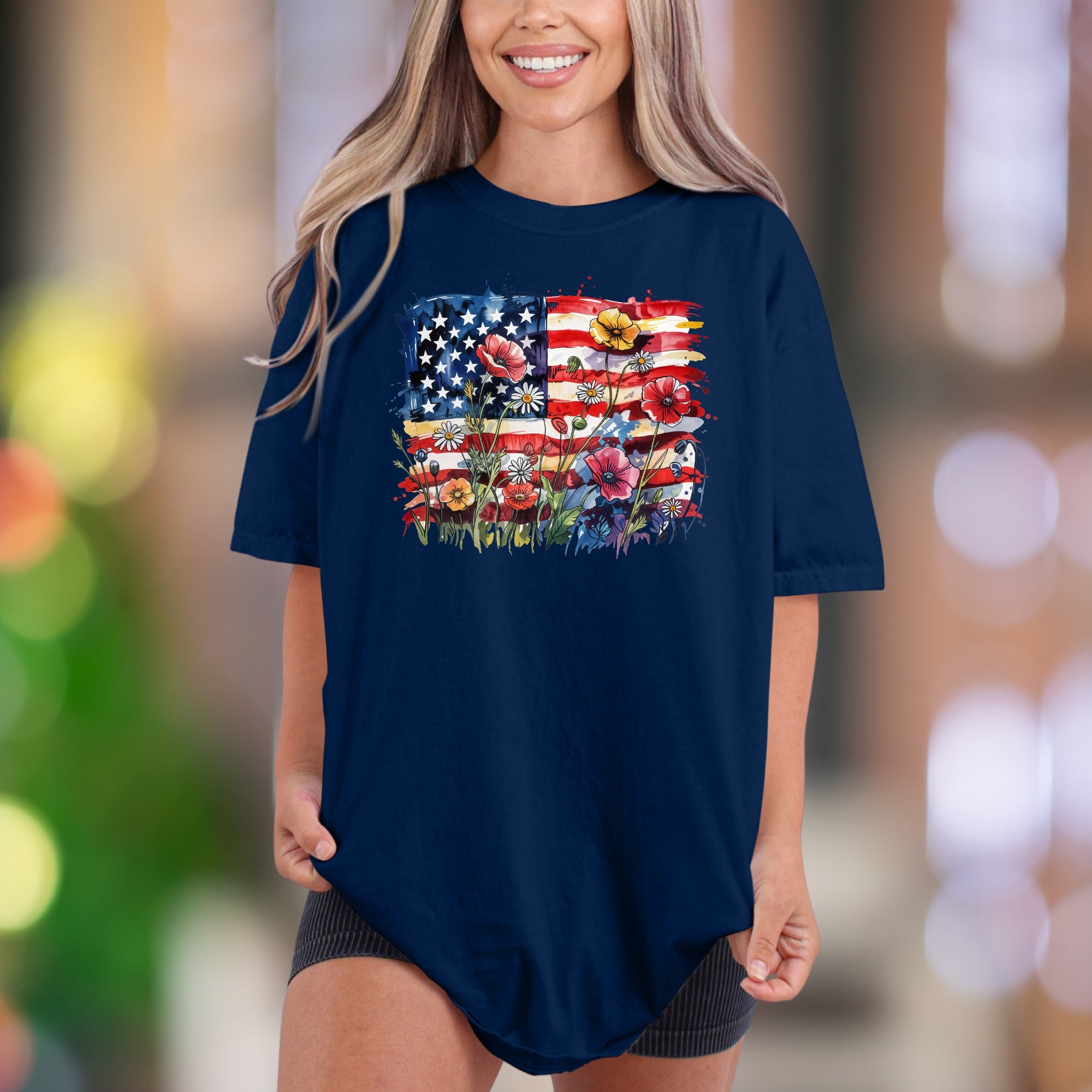 Floral America Flag Watercolor | Comfort Colors Unisex Adult T-Shirt | Patriotic Bloom