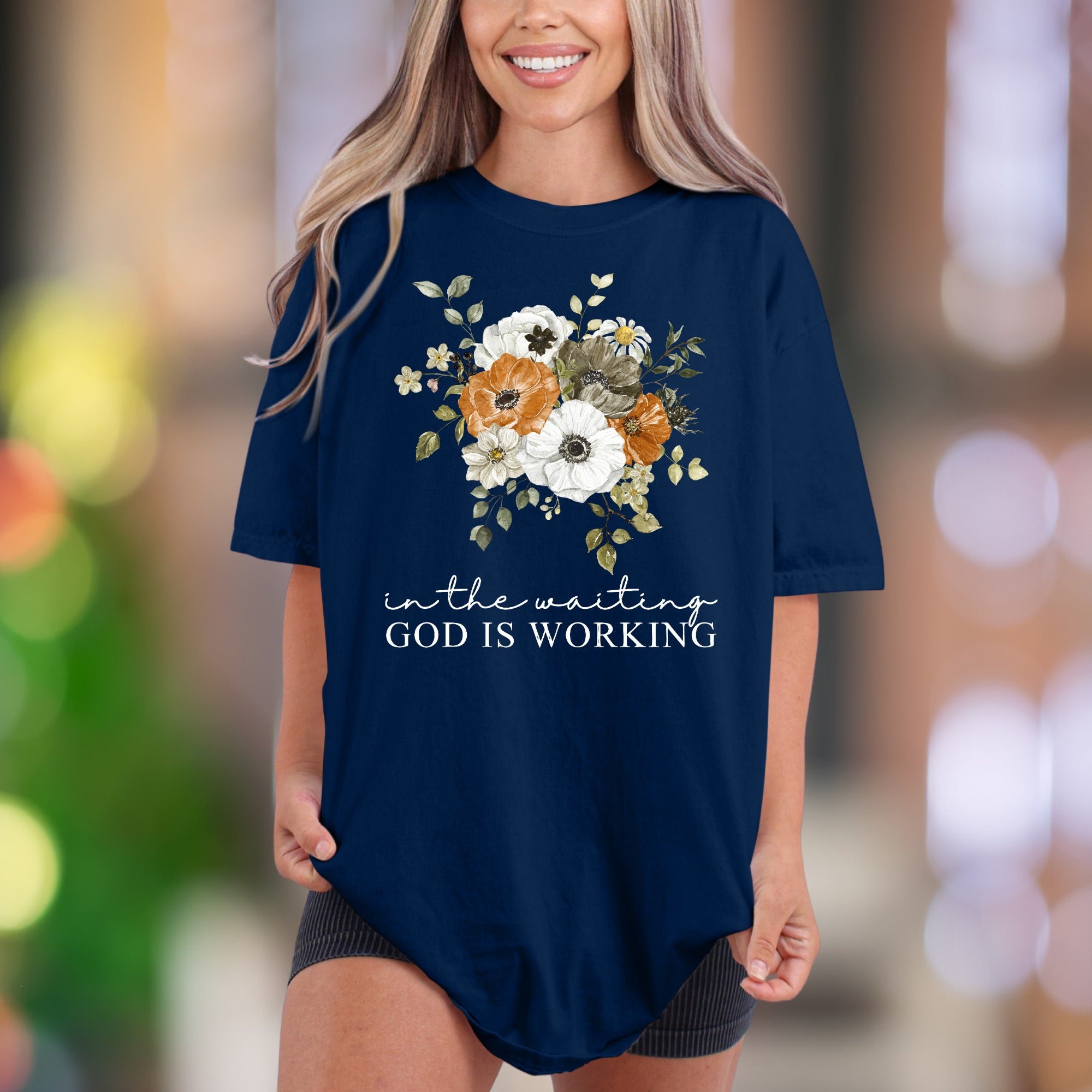 "In The Waiting God Is Working" | Comfort Colors Unisex Adult T-Shirt | Floral Motivational Style