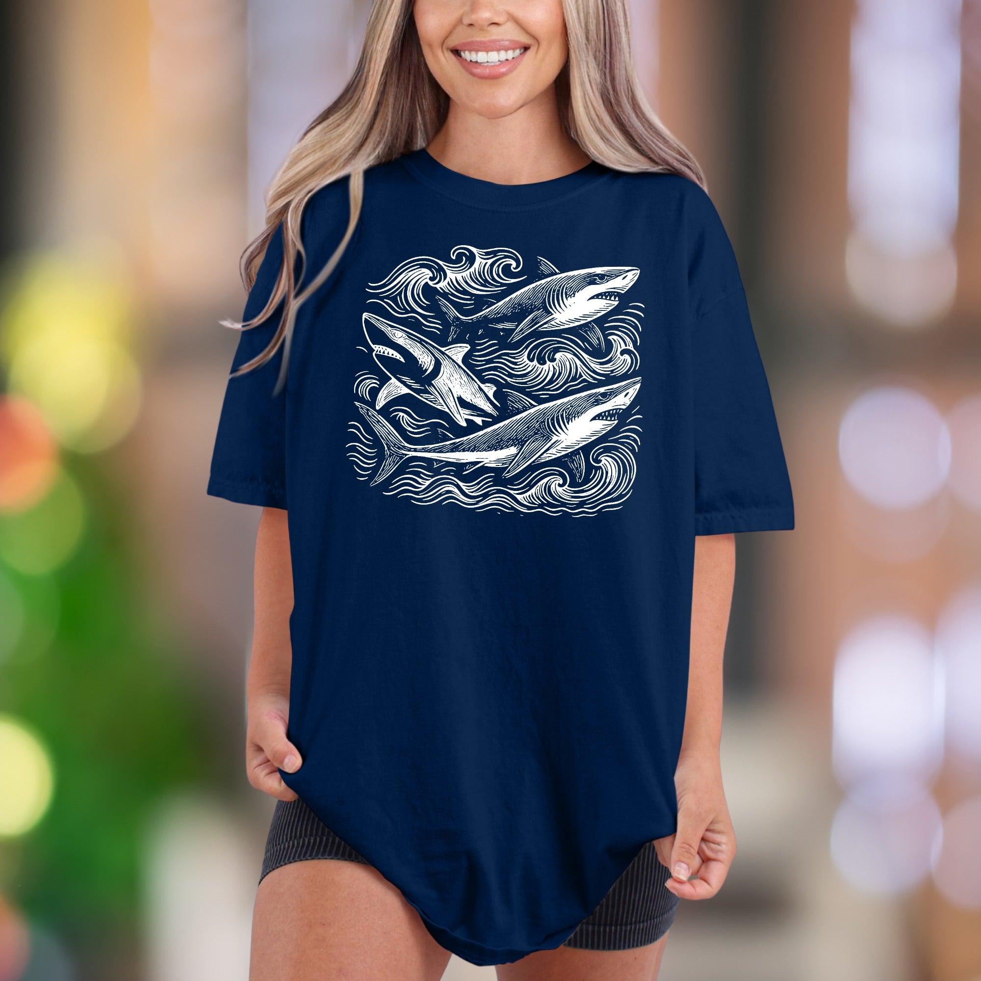 Ocean Waves & Sharks Sketch | Comfort Colors Unisex Adult T-Shirt | Coastal Lifestyle